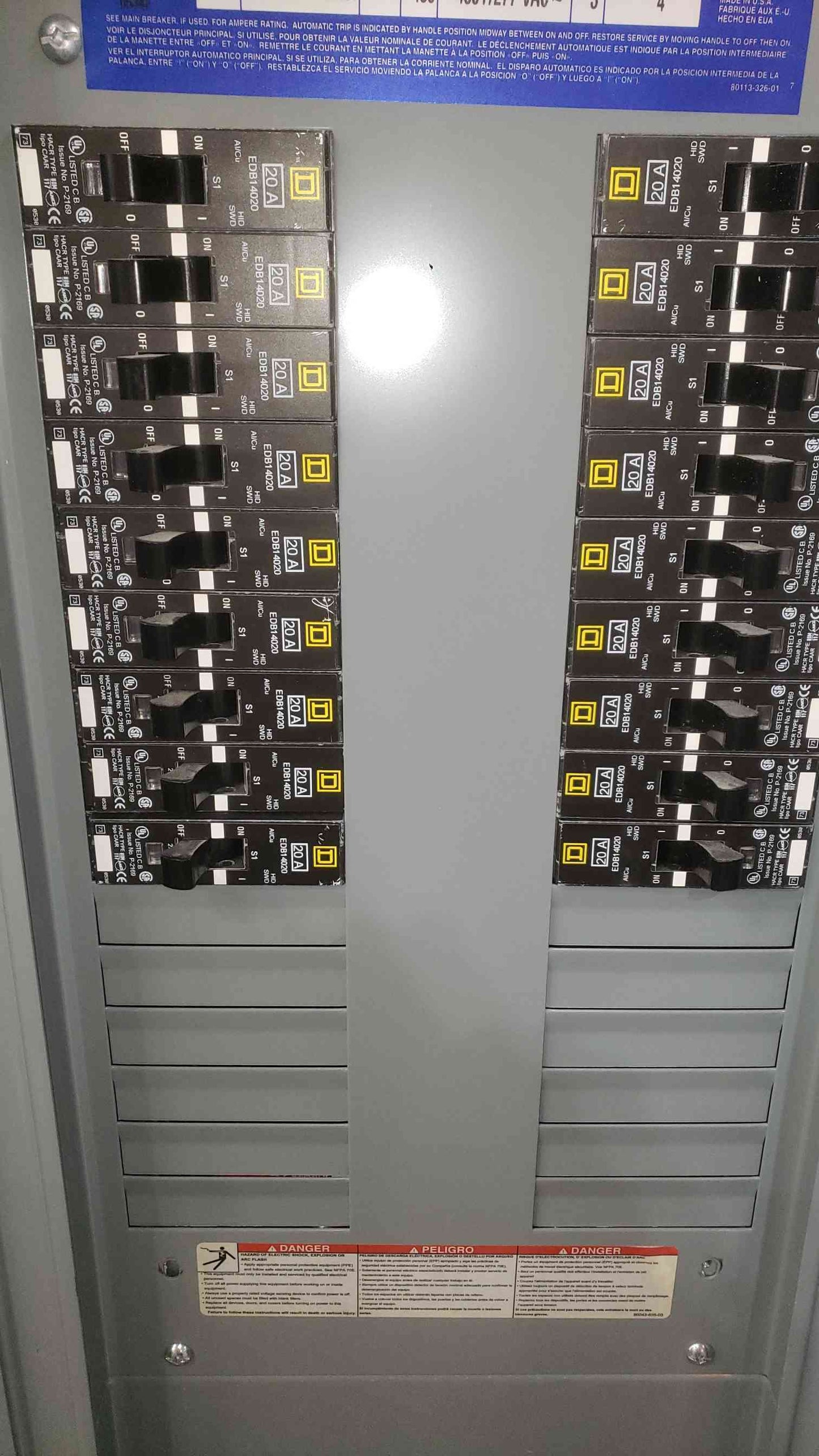 Square D NF Panelboard 400A 480Y/277V 3-Phase 4-Wire with 175A Main Breaker & 18x EDB14020 Breakers (SKU: 112784)