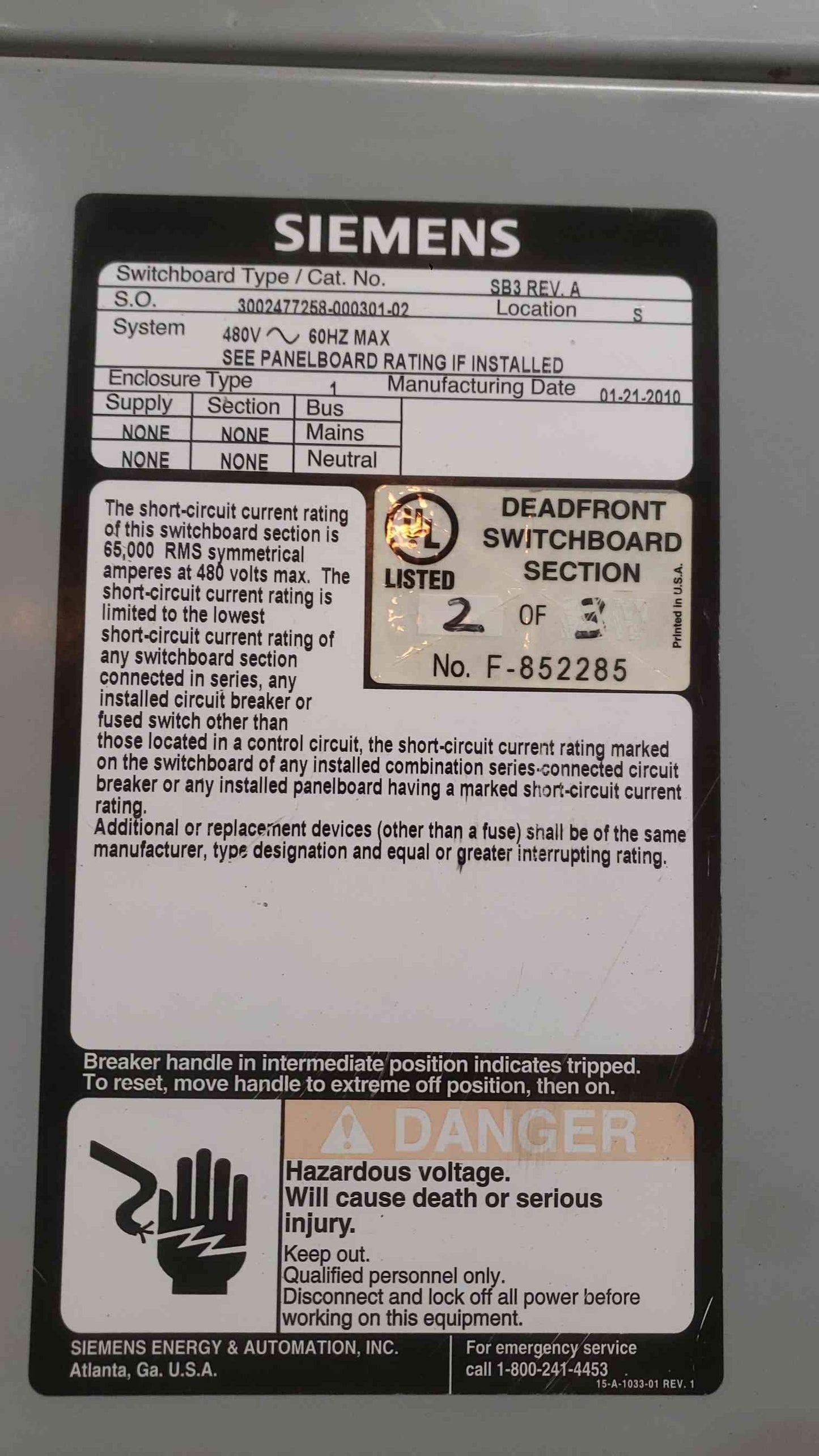 Siemens SB3 Switchboard 480V 3PH 75kVA Transformer 480v x 208/120 250A P1 Panelboard (SKU: 112761)
