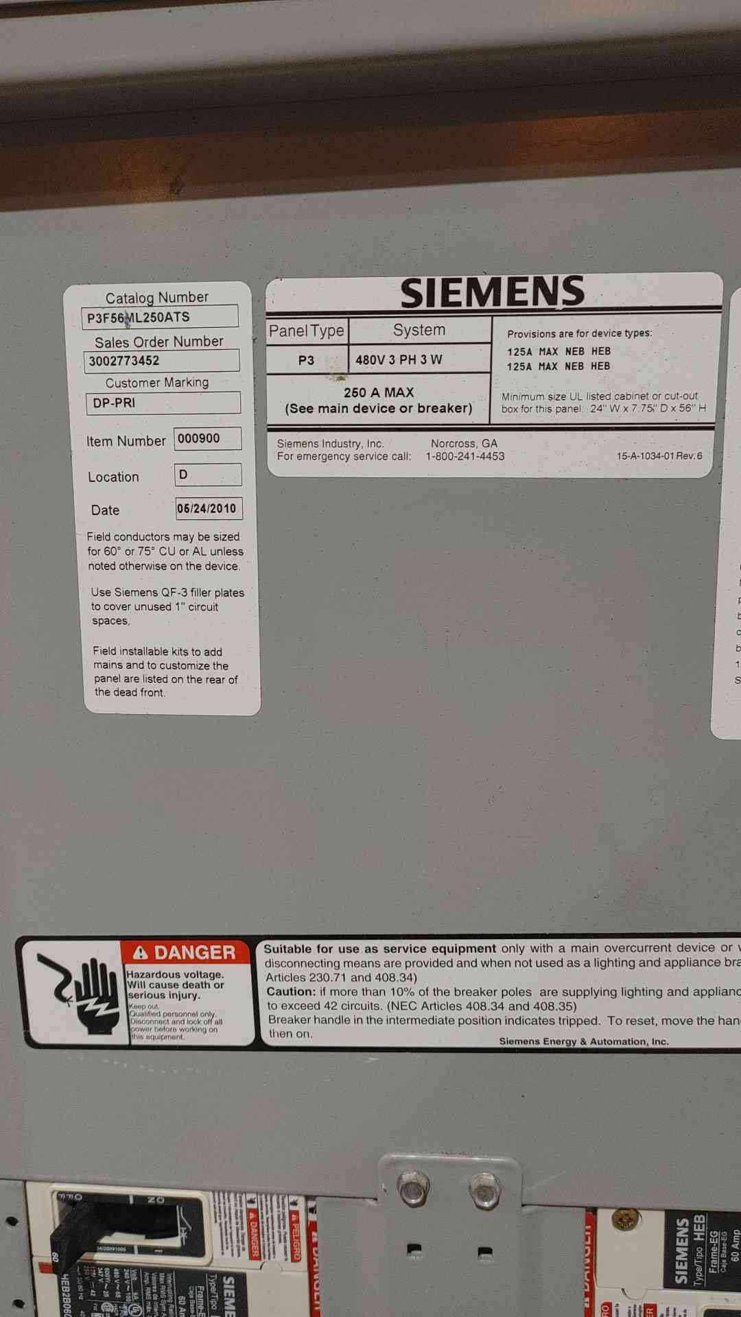 Siemens P3 Power Panelboard | 250A Max | 480V 3-Phase 3-Wire | P3F56ML250ATS | Includes HEB Breakers(SKU: 112765)