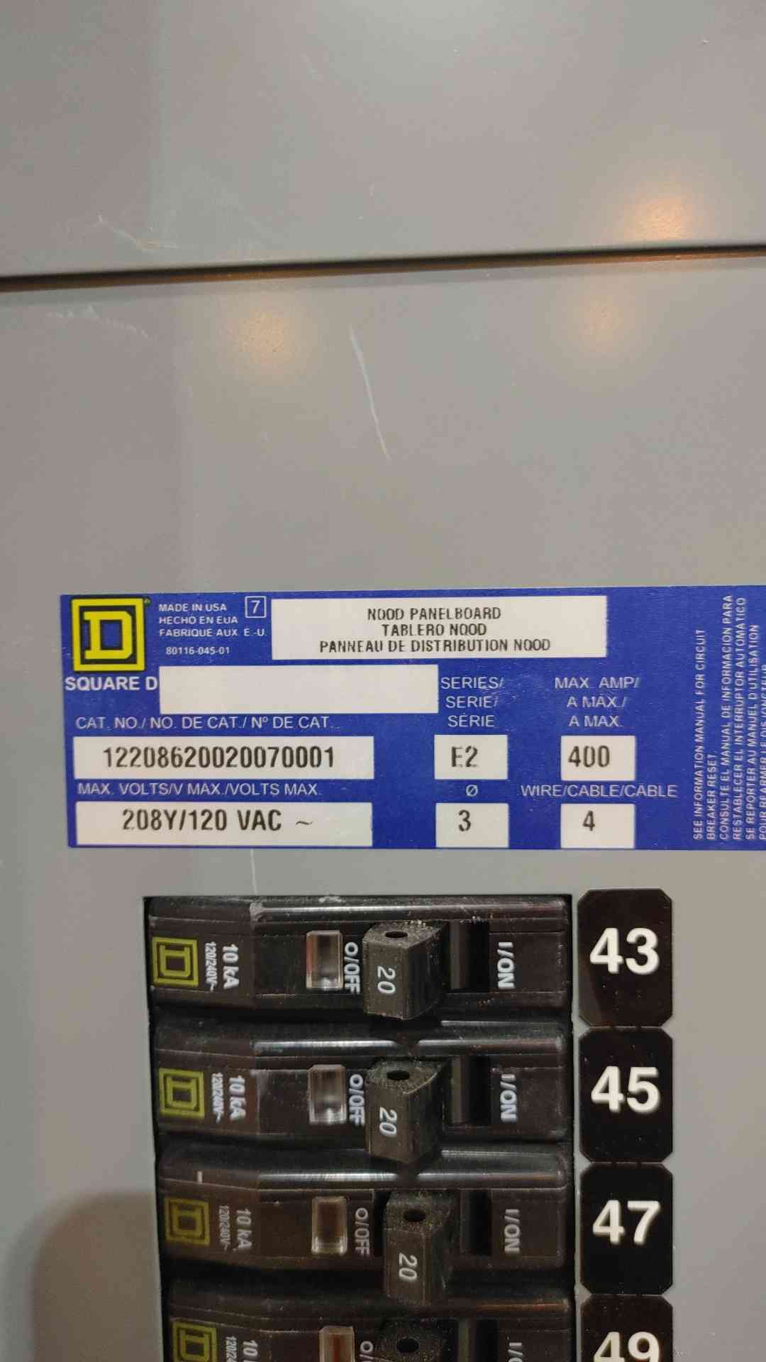 Square D NQOD 400 Amp 208Y/120V 3-Phase 4-Wire Panelboard 42-Circuit Sub-Panel (SKU: 112769)