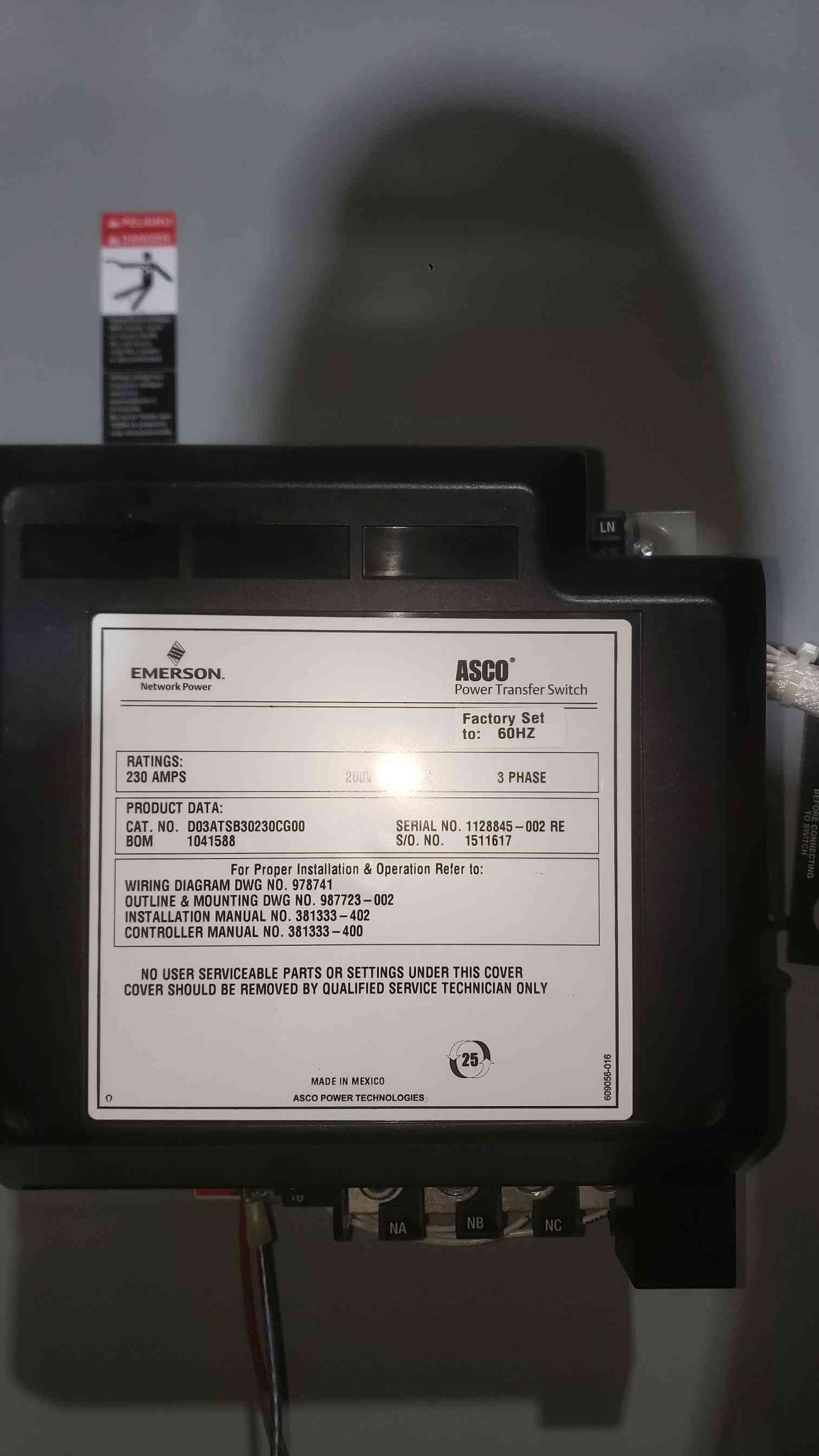 ASCO 300 Series Automatic Transfer Switch 230A 3-Phase 208V D03ATSB30230CG00 ATS (SKU: 112832)
