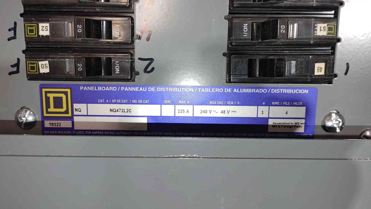 Square D NQ472L2C Complete Panelboard 225A 72-Pole 3PH 240V Box Trim & Interior (SKU: 112656)