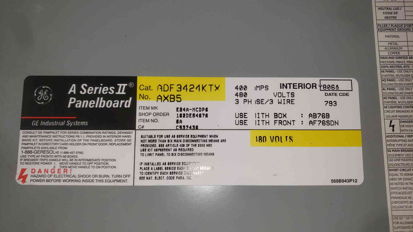 GE A-Series II Panelboard 400A 480V 3PH 3W ADF3424KTX with THED Circuit Breakers (SKU: 112856)