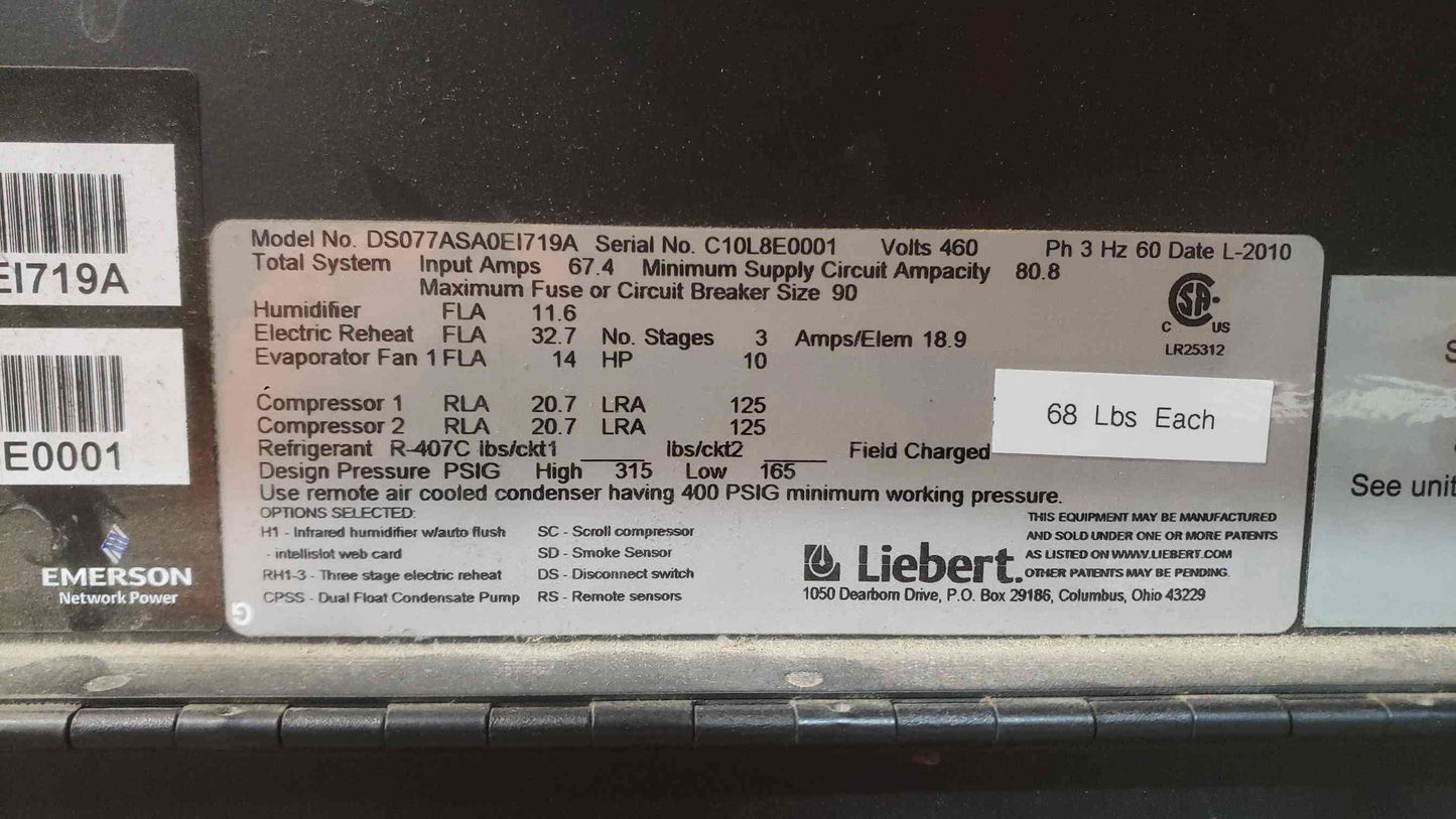 Liebert DS077ASA0EI719A 22-Ton CRAC Unit 460V 3ph Data Center Cooling (SKU: 113036)