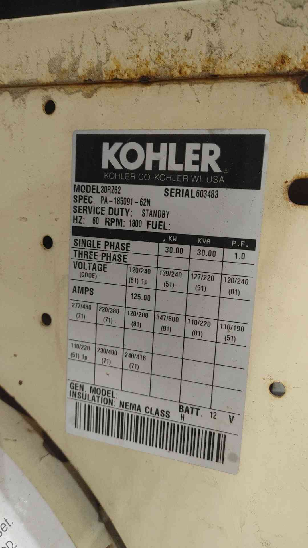 Kohler 30kW Nat Gas Propane Generator 30RZ62 Standby 834Hrs(SKU: 113068)