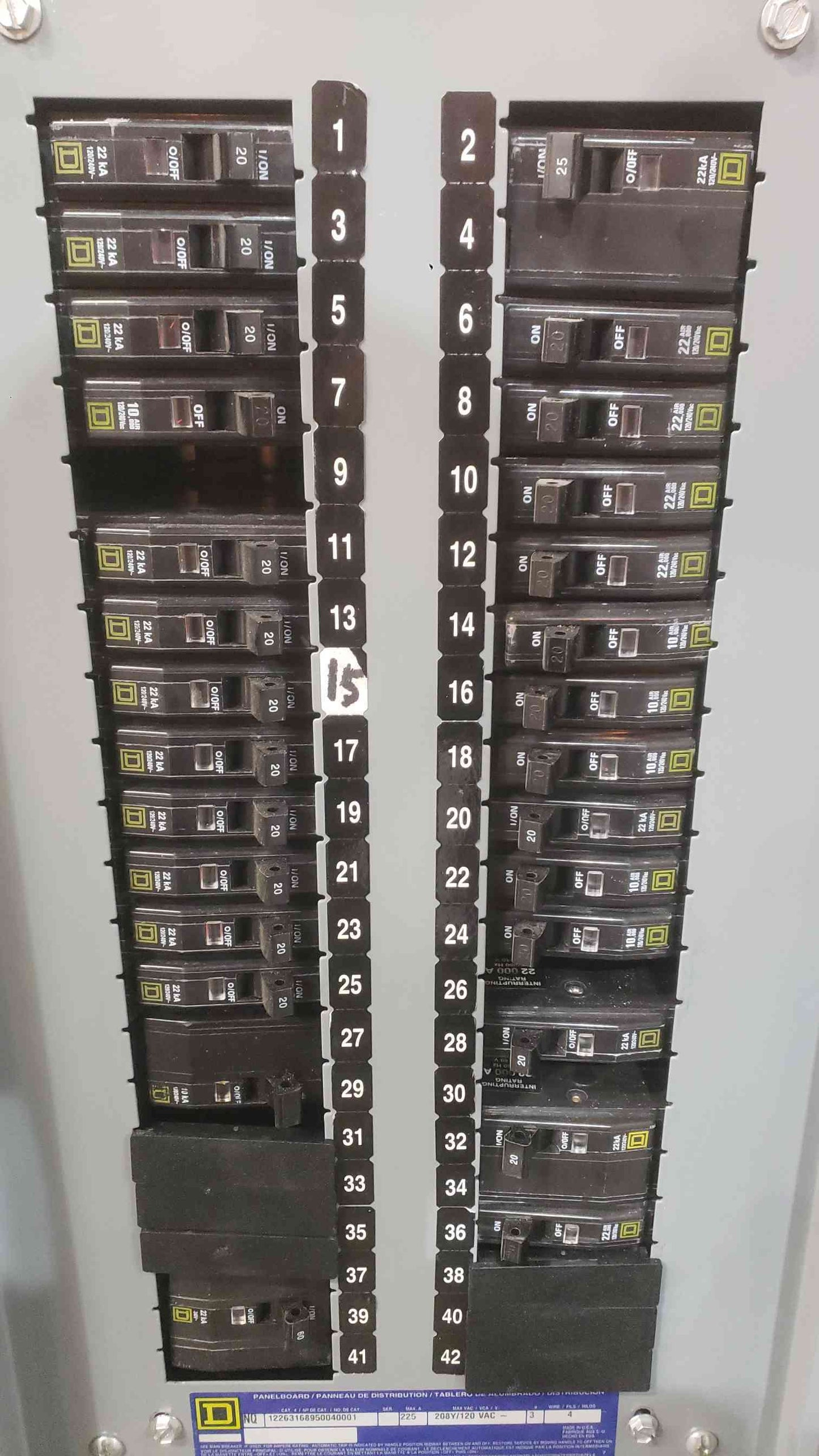 Square D NQ Panelboard 225A 120/208V 3-Phase 42-Circuit MLO w/ 23 QO120 & QO360 (SKU: 113106)