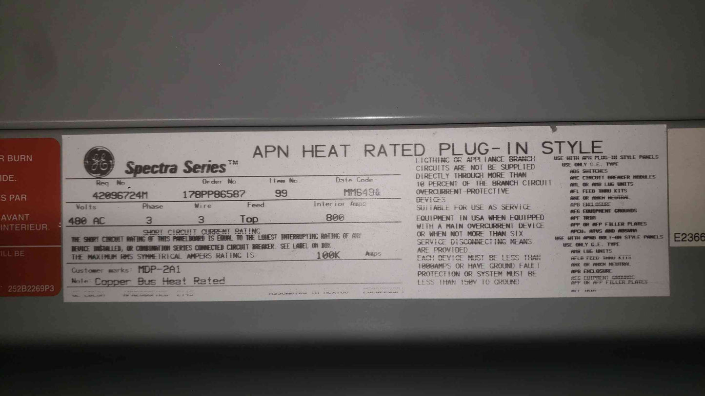 GE Spectra Series 800A 480V 3PH 3W 5 Breaker + Main Panelboard Interior Copper Bus (SKU: 113115)