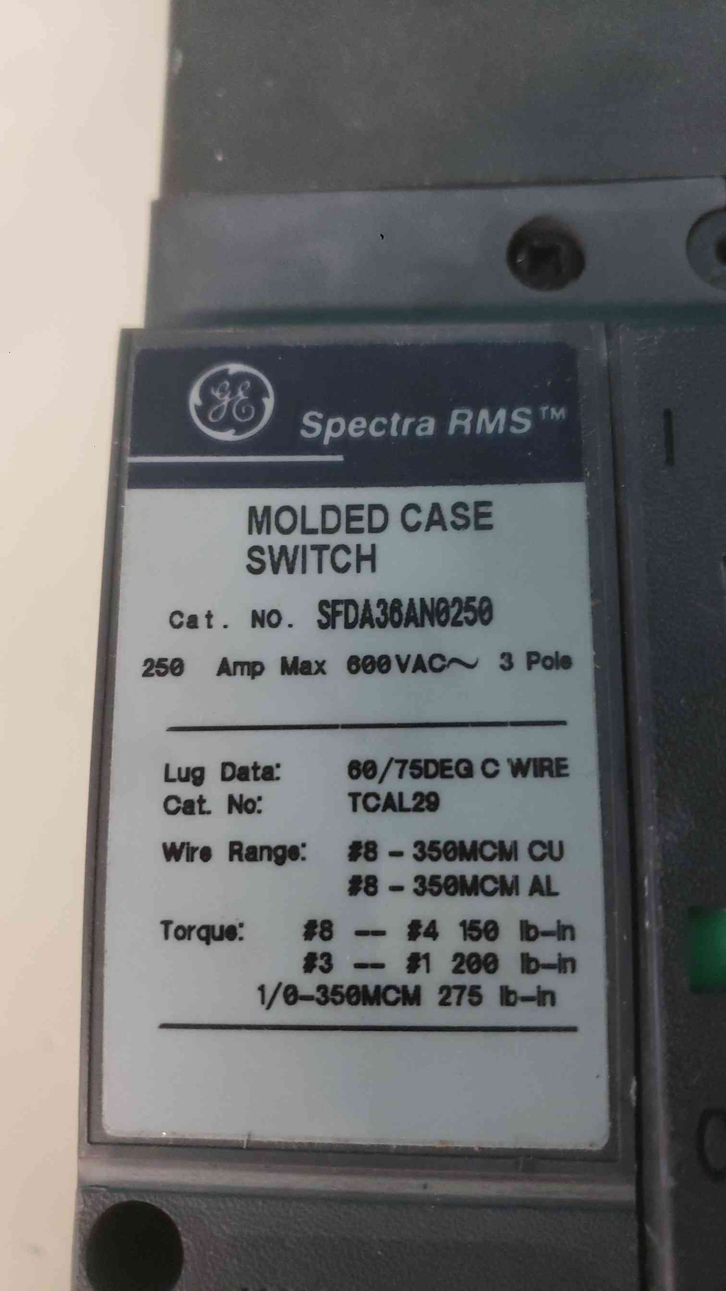 GE Spectra RMS SFDA36AN0250 Molded Case Switch 250A 3P 600V with SFDA250 Rating Plug (SKU: 113117)