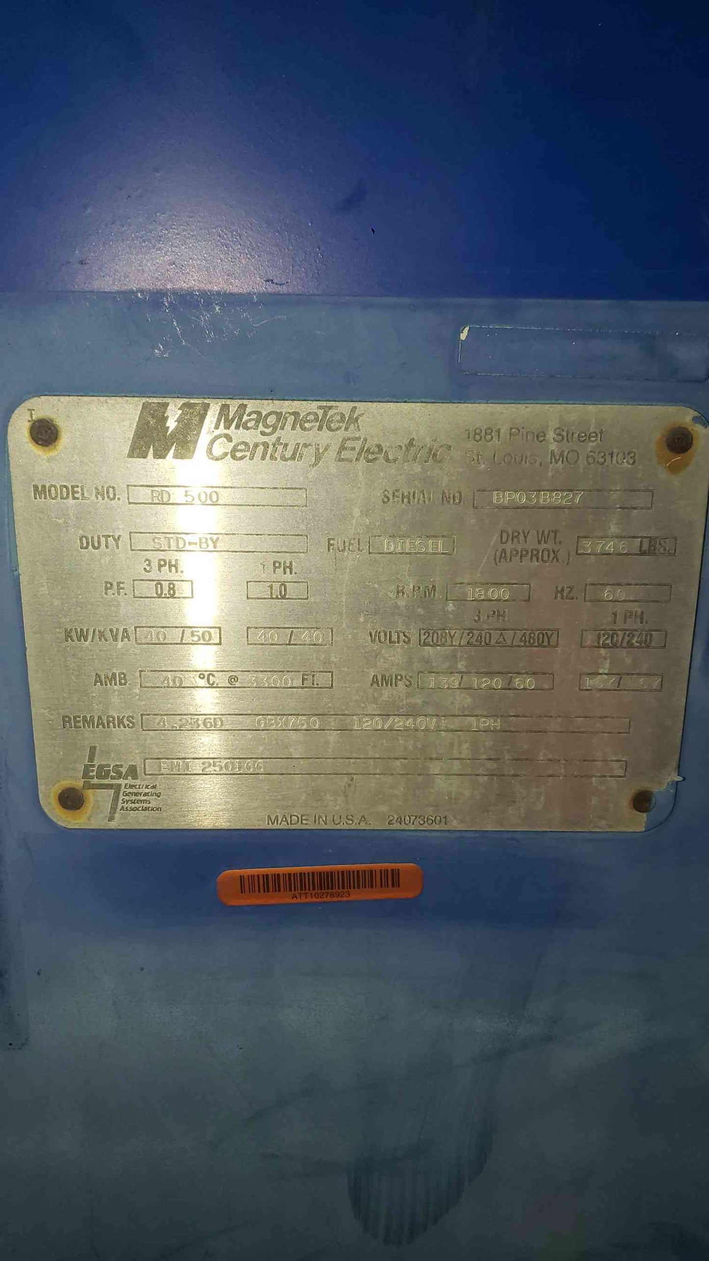 40kW MagneTek RD-500 Diesel 120/240V 480V 1/3PH Standby 835 Hrs (SKU: 113052)