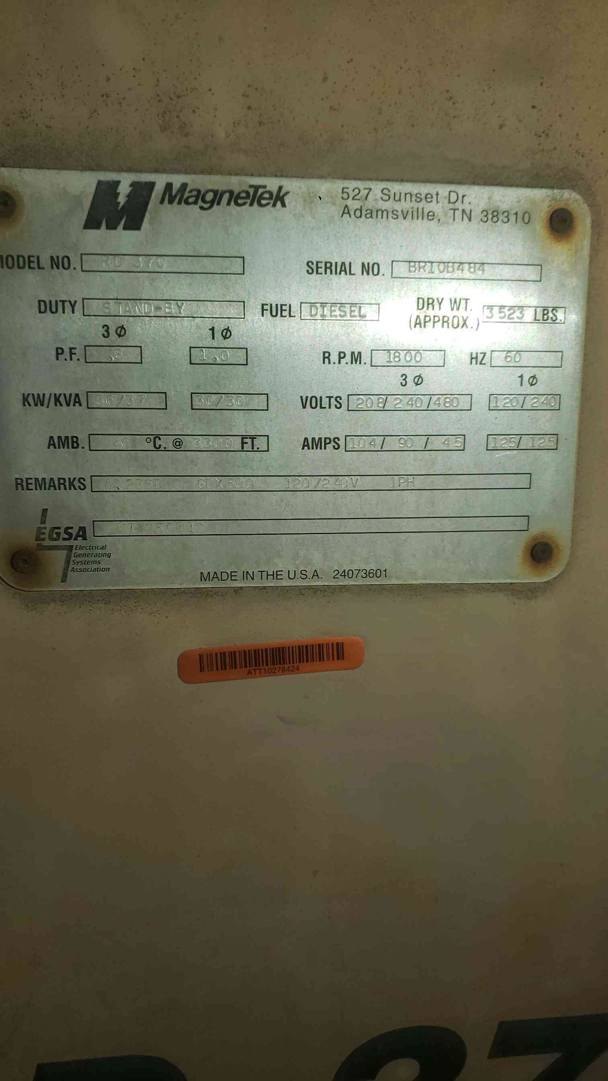 30KW Magnetek-Elliot RD 370 Perkins 1&3PH Diesel 659 Hrs. TESTED (SKU: 113054)
