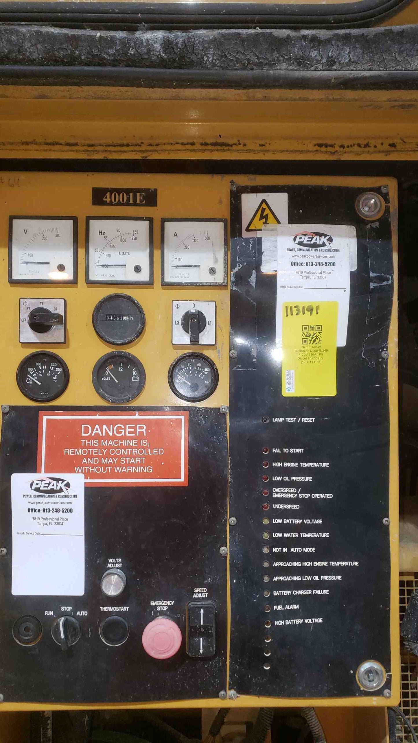 Olympian D60P4S 60KW 240/120V 250A 1PH Diesel 1062.5 Hrs. TESTED(SKU: 113191)