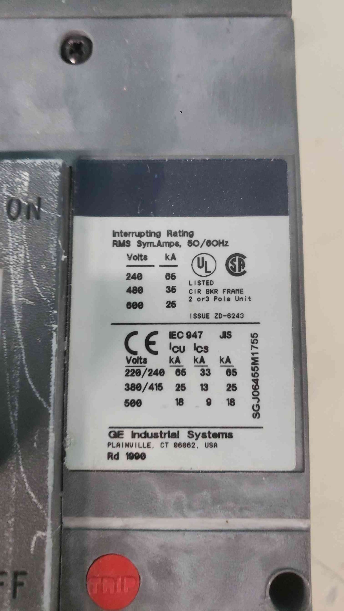 GE SGHA36AT0400 Spectra RMS Hi-Break Circuit Breaker 3-Pole 400A Frame SGH Industrial