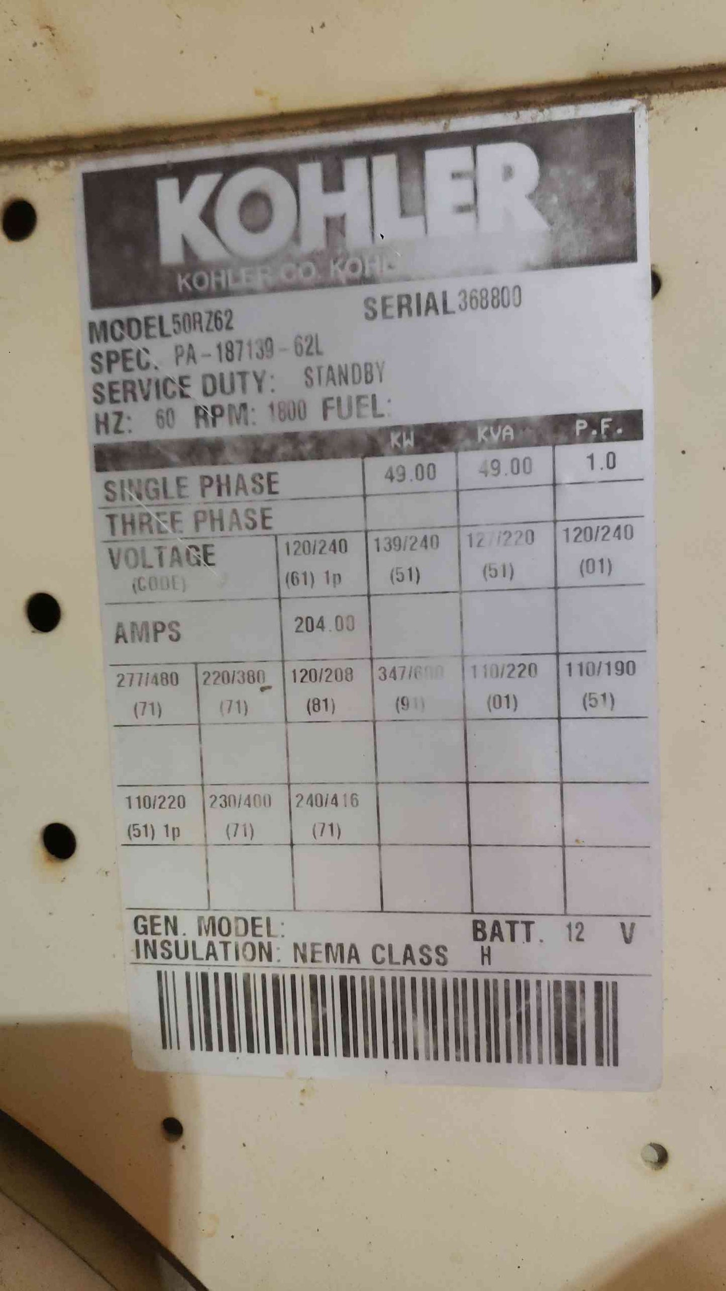 AS-IS KOHLER 50RZ62 49KW 120/240 204A 1PH LP/NG 1593.9 Hrs. (SKU: 113304)