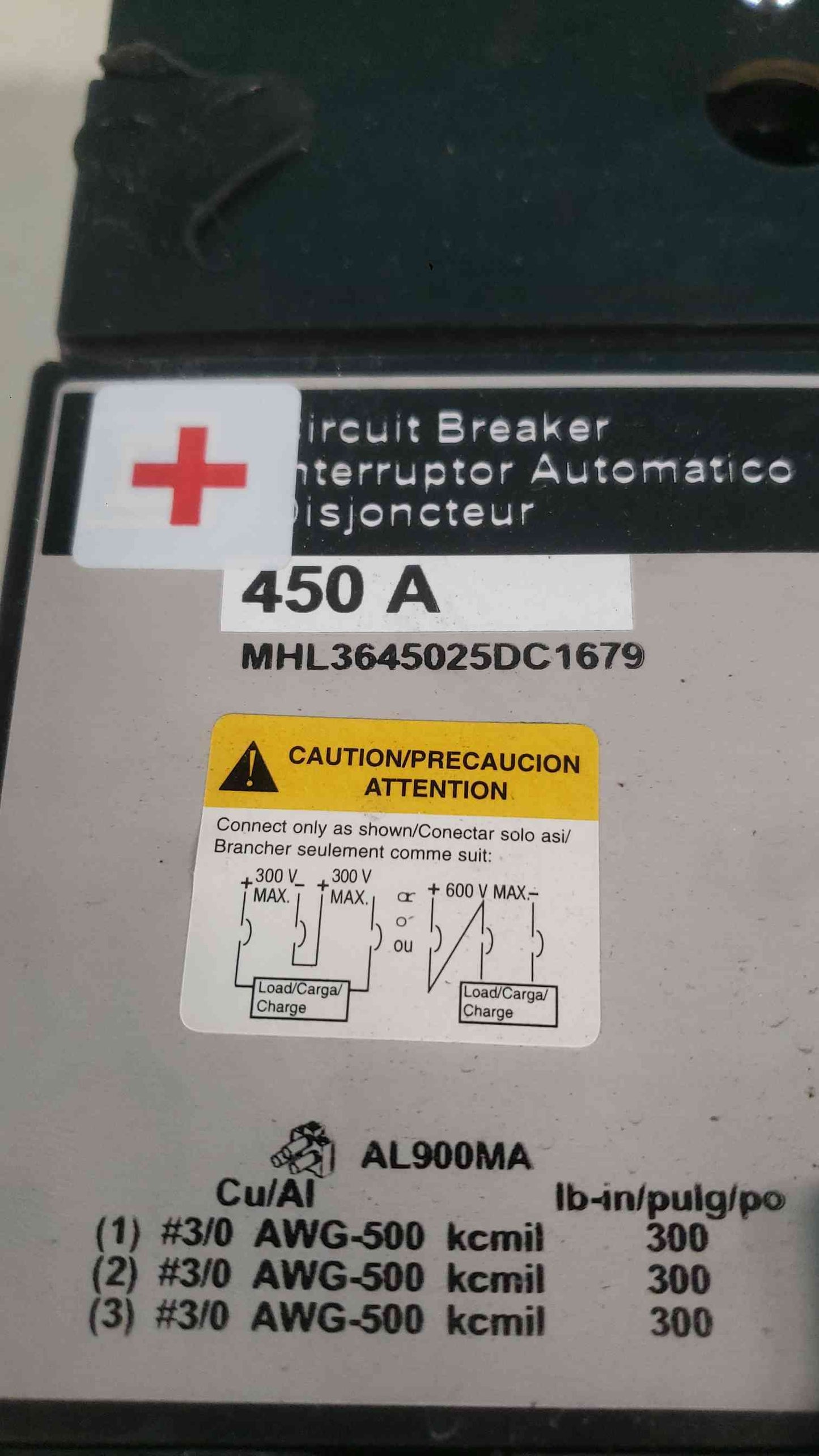 Square D MHL3645025DC1679 450A 600V DC Circuit Breaker w/ 48V UVR & Aux Switch (SKU: 113319)
