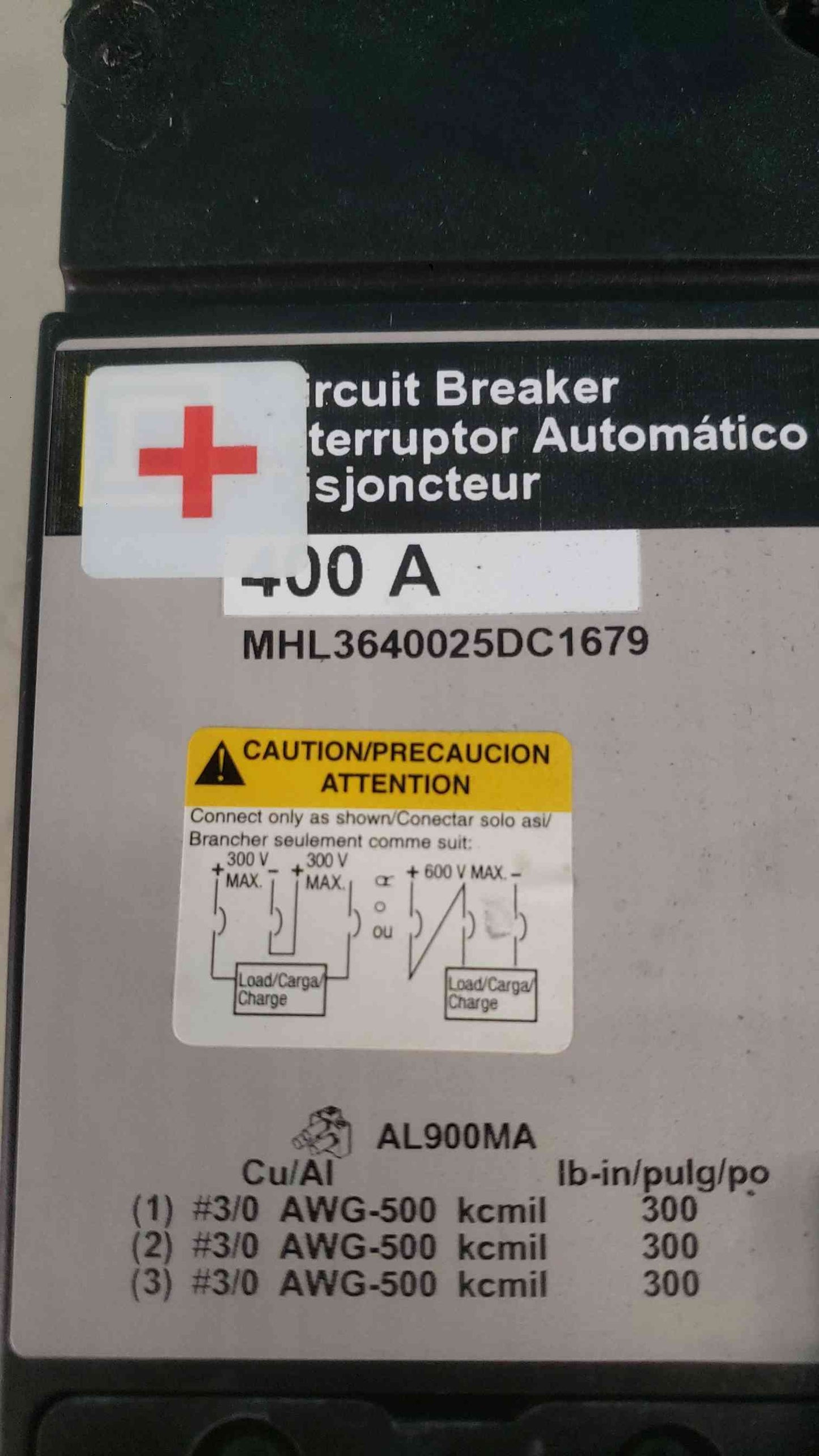 Square D MHL3640025DC1679 400A 600V DC Circuit Breaker w/ 48V UVR & Aux Switch (SKU: 113322)