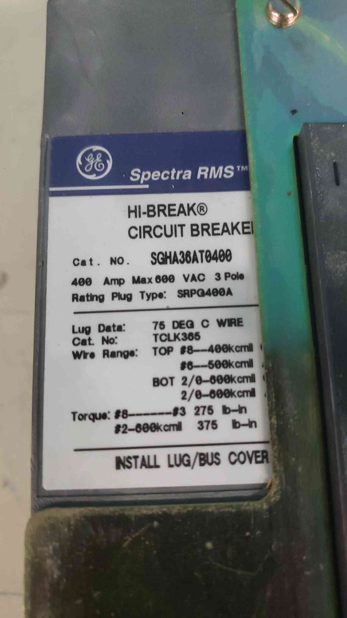 GE Spectra RMS SGHA36AT0400 400A Frame Circuit Breaker 600V w/ SRPG400A 300A Plug (SKU: 113324)