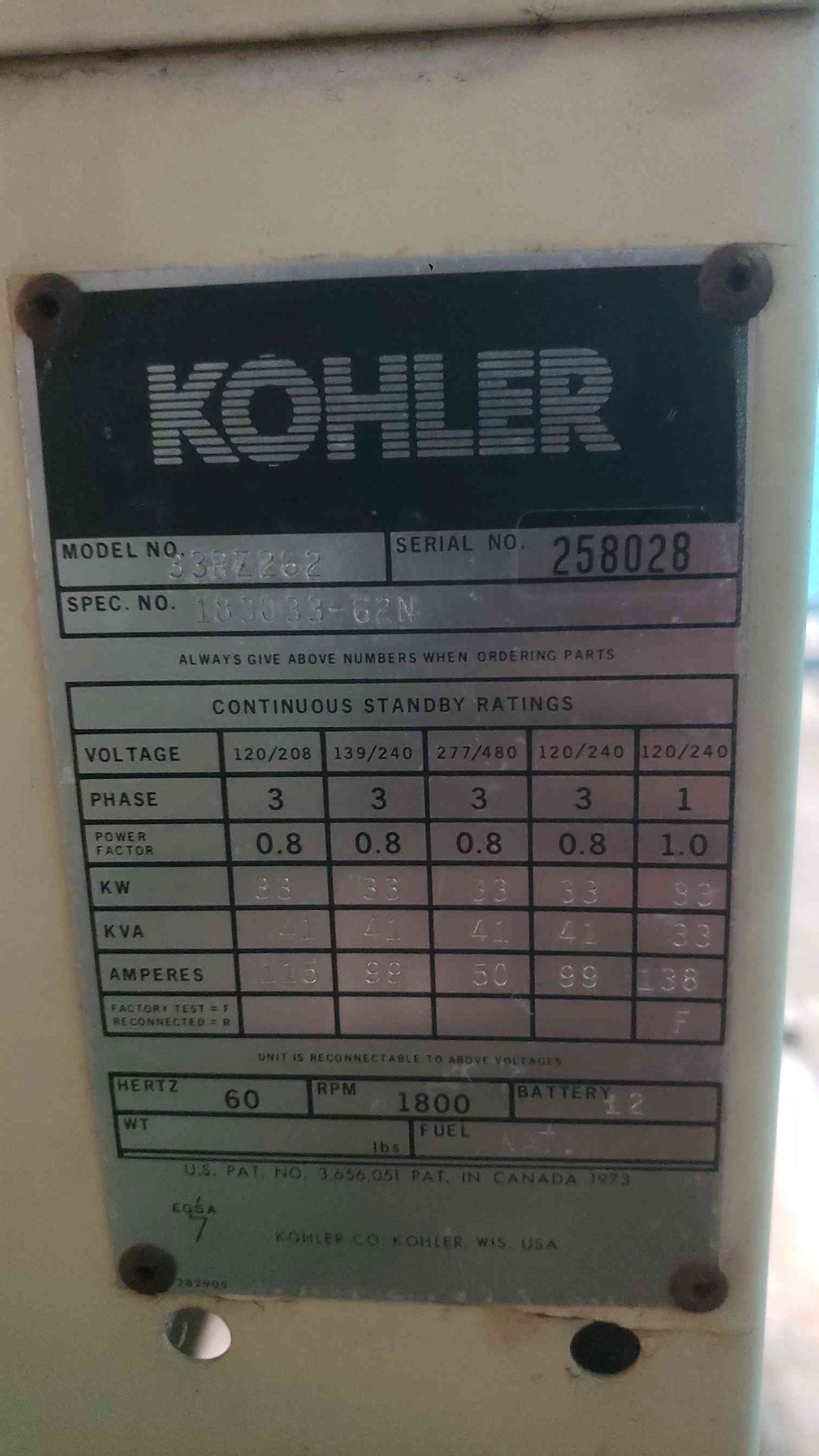 KOHLER 33KW 33RZ262 120/240 99A Multi-Phase Nat. Gas 1165.3 Hrs. TESTED (SKU: 113340)