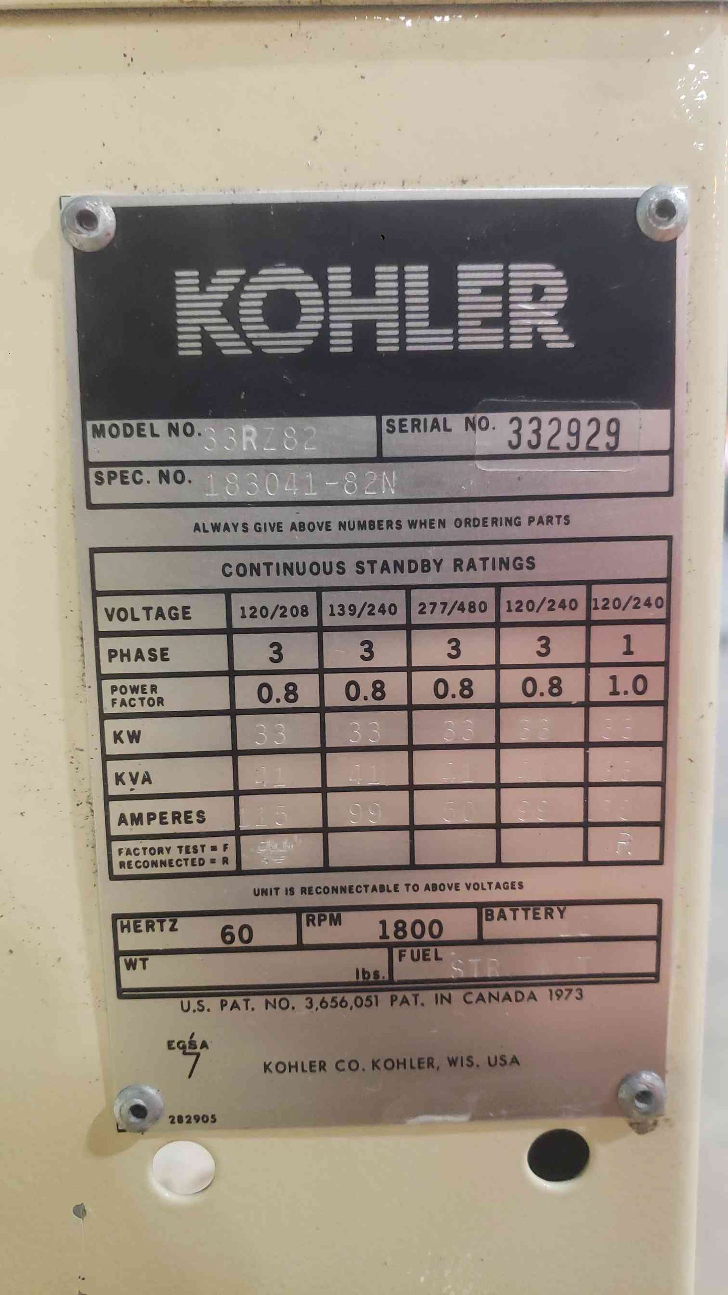 KOHLER 30KW 33KW 33RZ82 120/240 Multi-Phase 99A LP/NG 885 Hrs. TESTED (SKU: 113343)