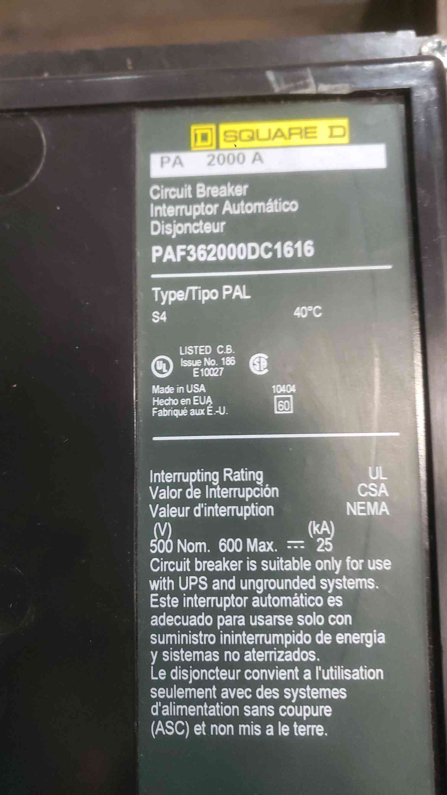 Square D PAF362000DC1616 Molded Case Circuit Breaker 2000A 600V DC 3 Pole P-Frame (SKU: 113382)