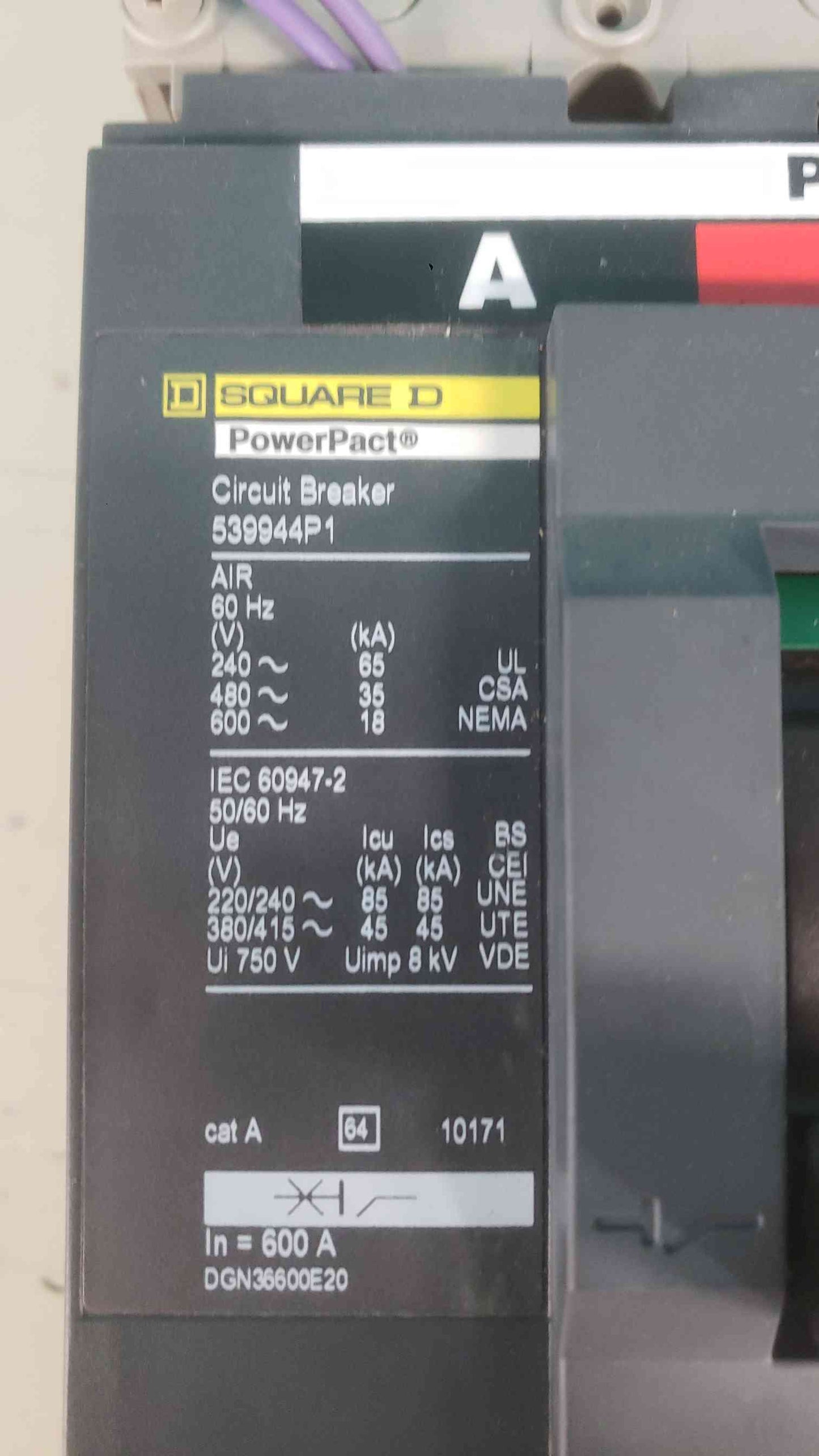 Square D PowerPact DGN36600E20 600 Amp 3 Pole 600V Breaker STR 23 SP 600A DG 35k (SKU: 113386)