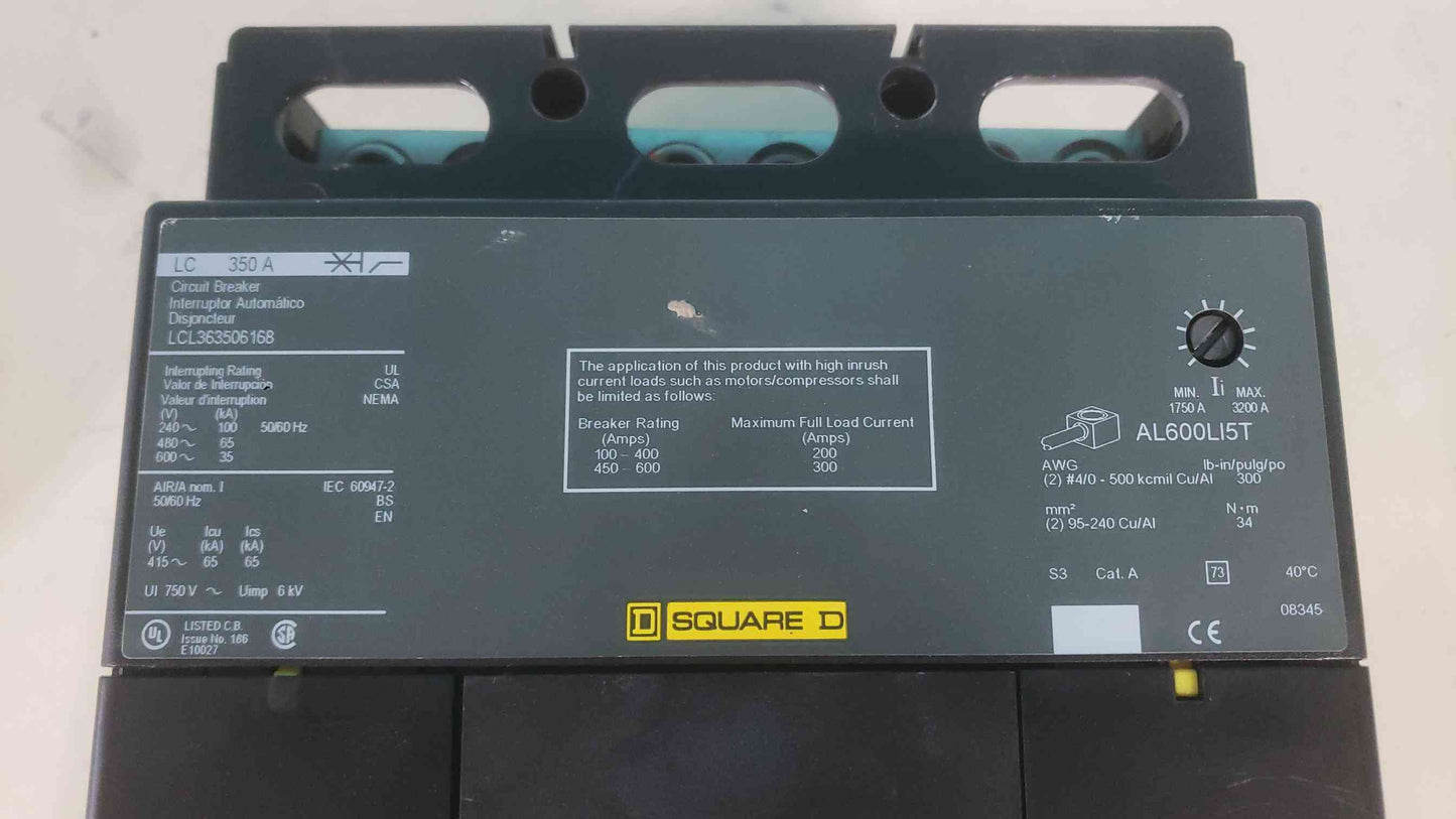 Square D LCL363506168 350 Amp 3 Pole 600V Circuit Breaker LCL 350A 65k LC Frame (SKU: 113388)