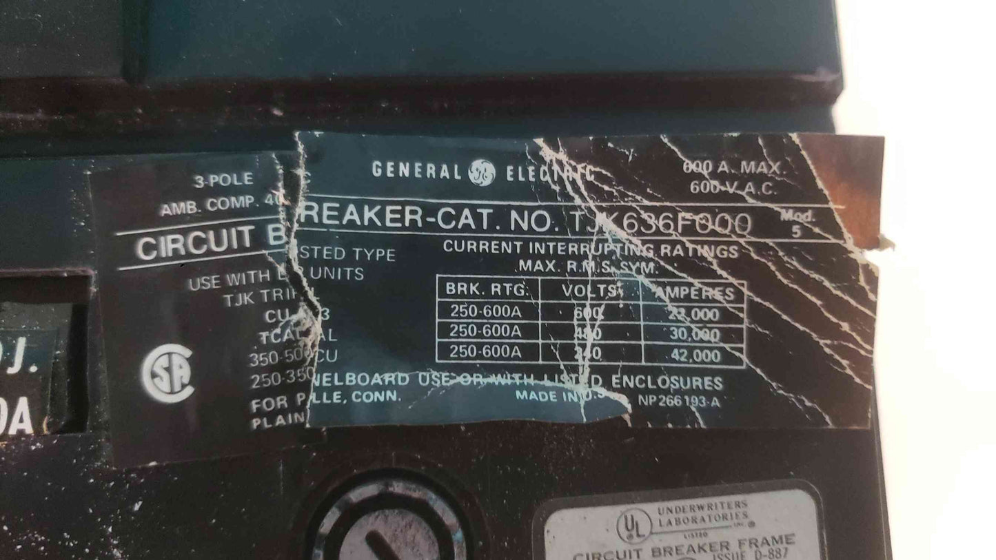 GE TJK636F000 600 Amp 3 Pole 600V Circuit Breaker TJK636F TJK J600 600A Lugs (SKU: 113391)
