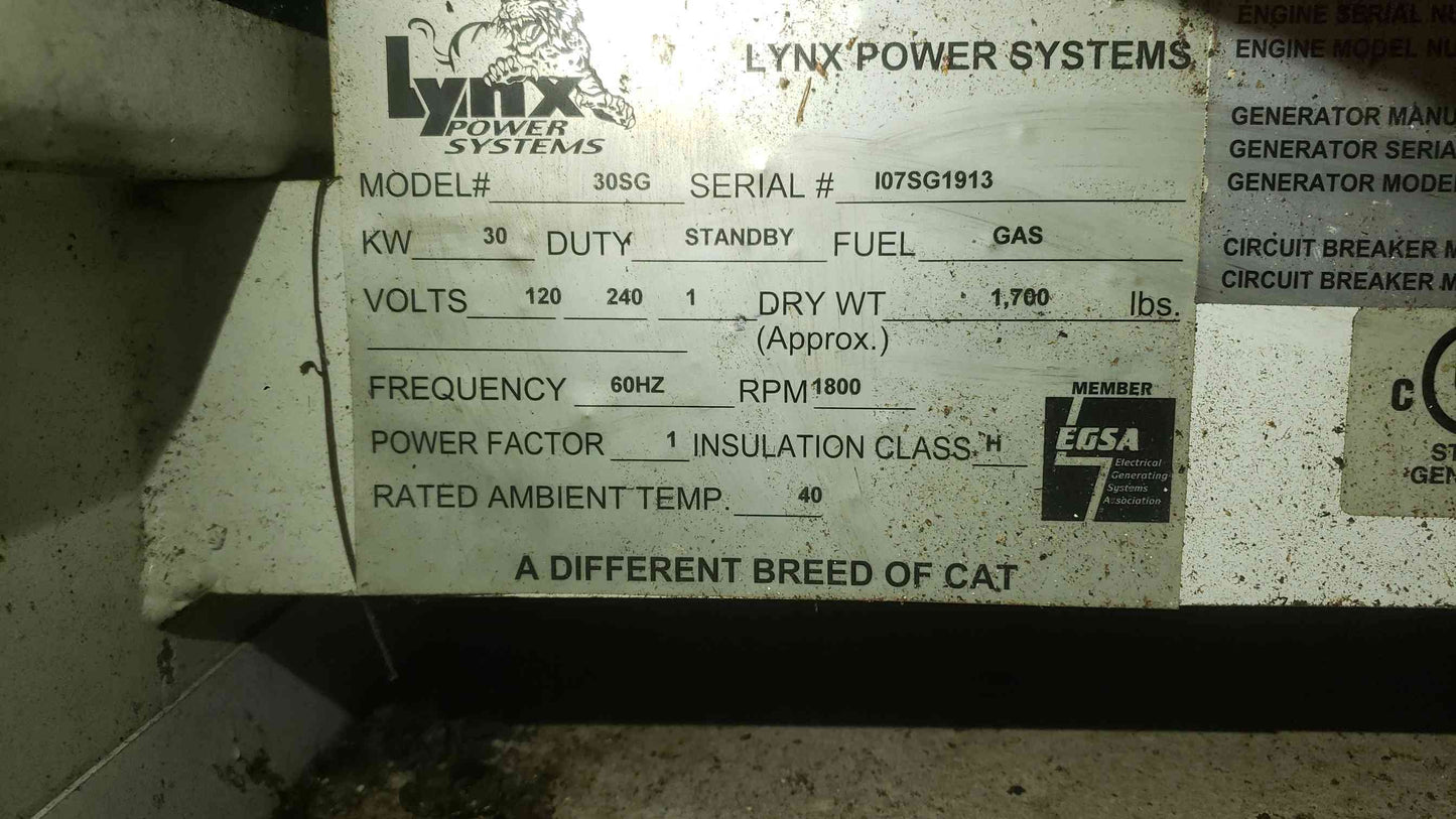 30KW Lynx 30SG 120/240V 1PH LP Nat Gas 53 Hrs. TESTED (SKU: 113492)