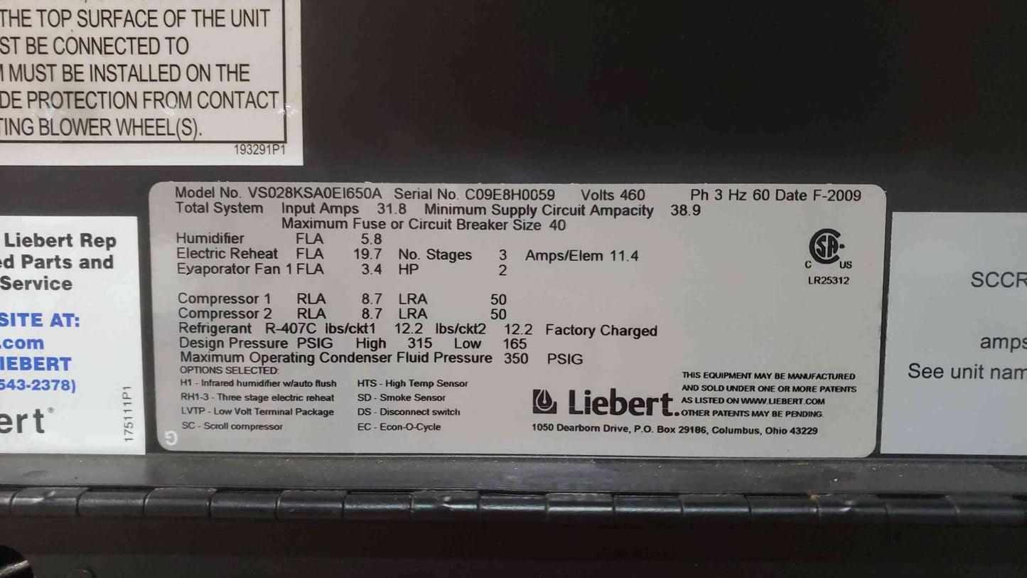Liebert Vertiv 8 Ton Glycol 460V 3PH CRAC VS028K SA0EI650A (SKU: 113547)