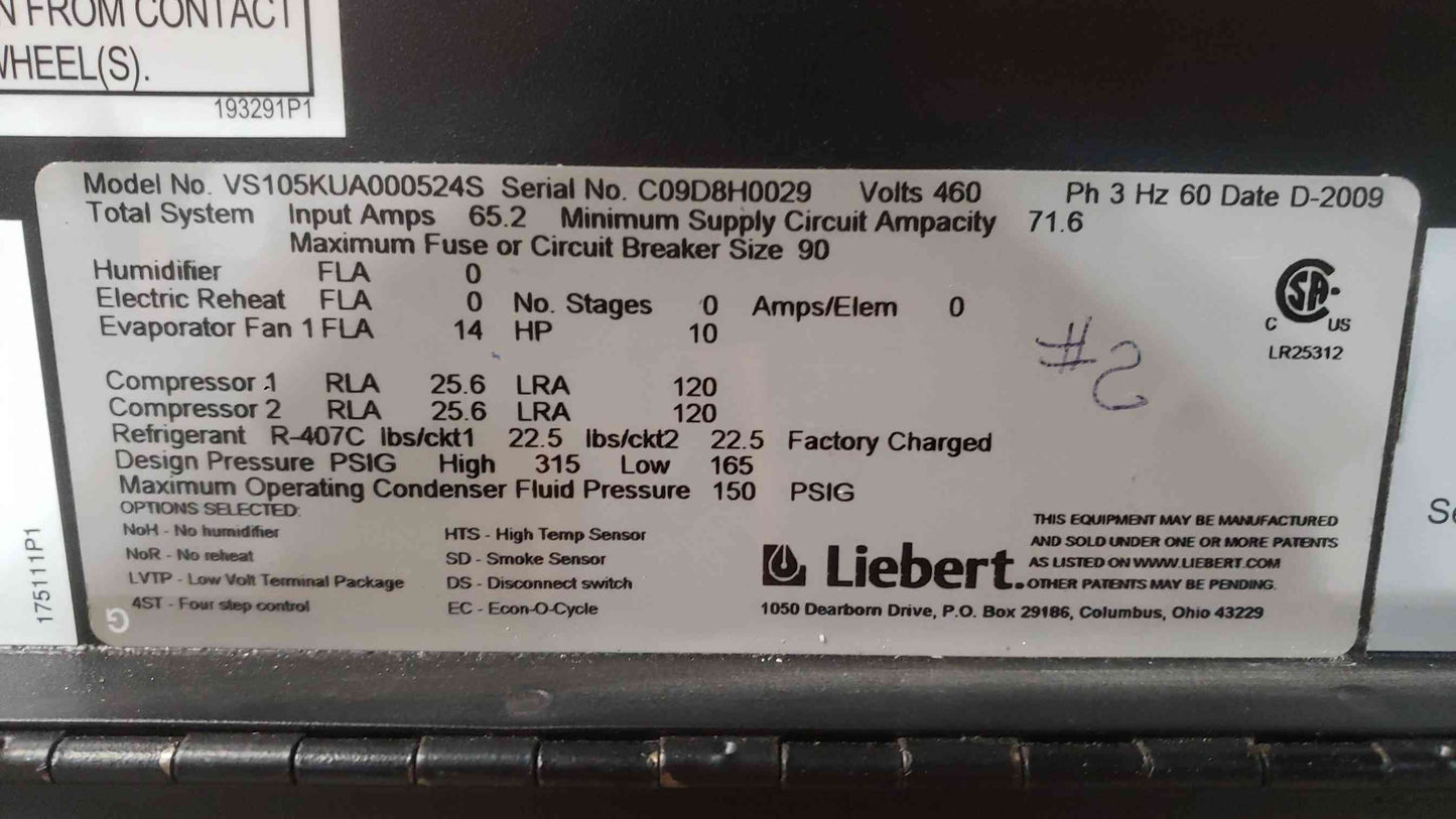30 Ton Vertiv Liebert DS VS105K Upflow Glycol CRAC 460V 3PH (SKU: 113546)