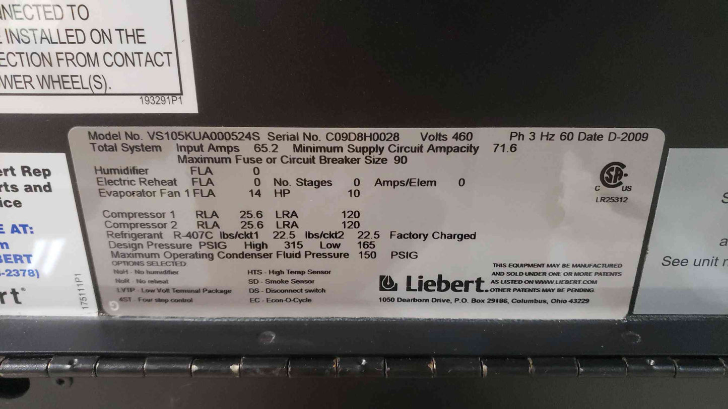 30 Ton Vertiv Liebert DS VS105KUA Glycol Econo Coil Upflow CRAC (SKU: 113552)