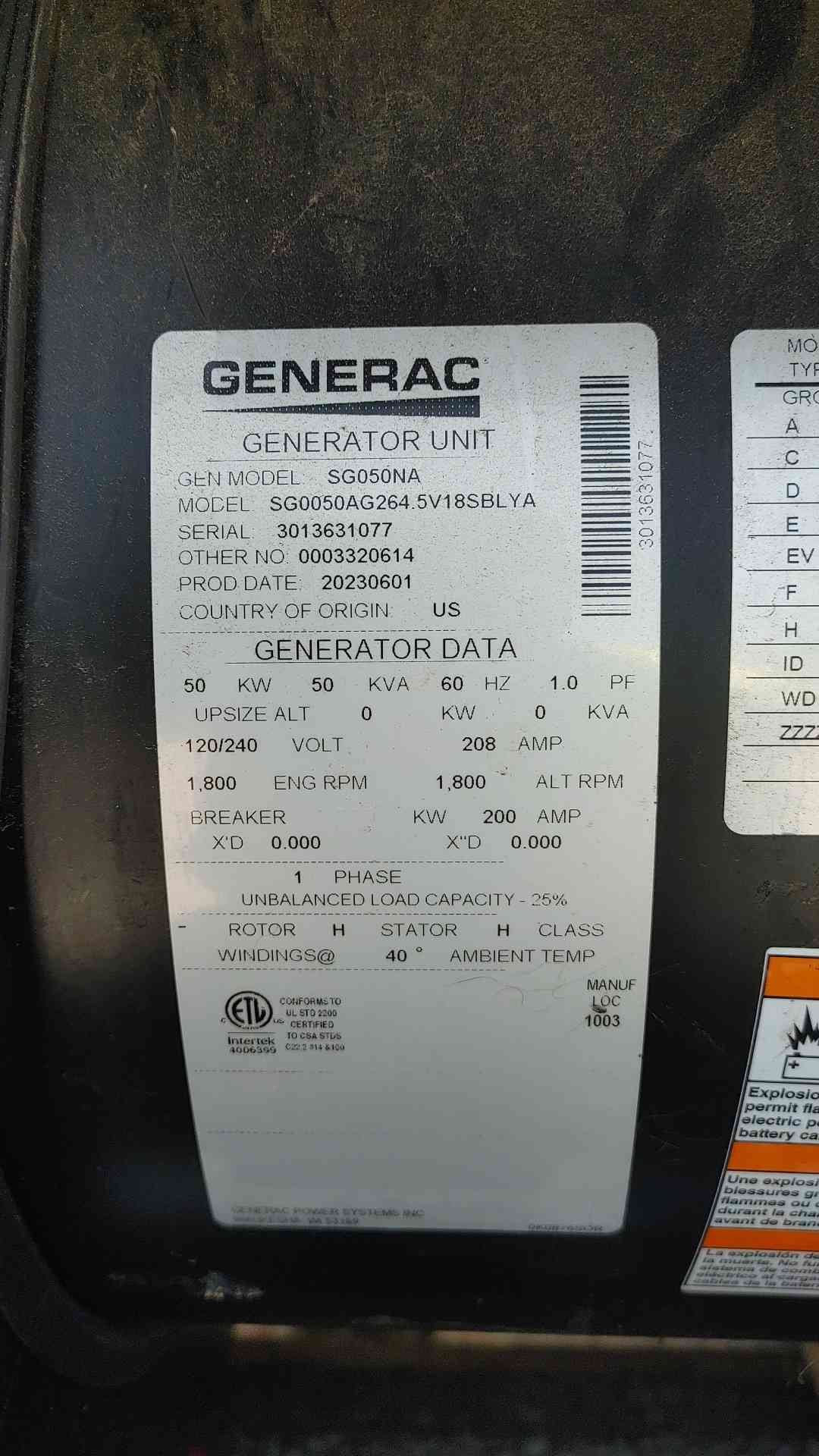 Generac 50KW 120/240V 1PH NG/LP Generator SG050NA 94.8Hrs '23