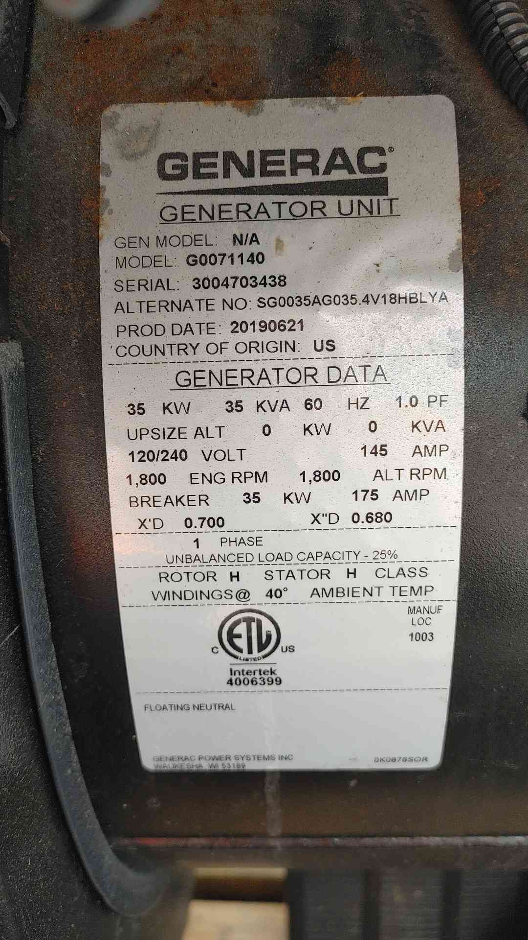 Generac G0071140 35 kW Natural Gas LP Generator 120/240V 1-Phase 56 Hours