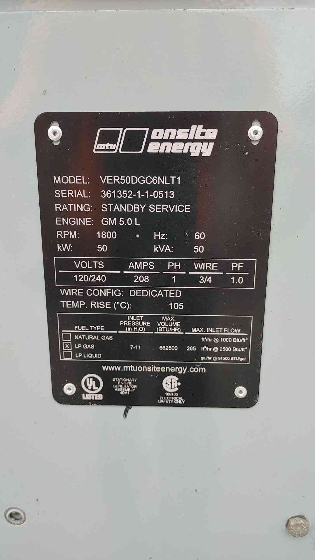 MTU Onsite Energy 50kW LP Propane Generator 120/240V 1PH VER50DGC6NLT1 ONLY 51 HR