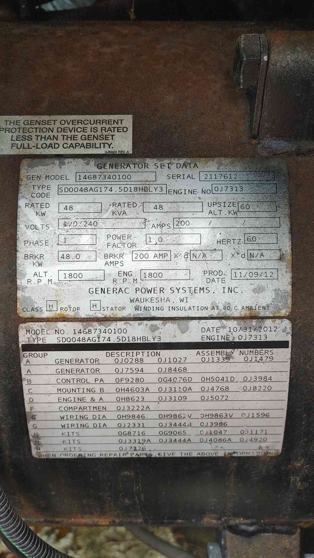 Generac 48KW 120/240V 1PH Diesel Generator Model 14687340100 461.4Hrs TESTED(SKU: 113563)