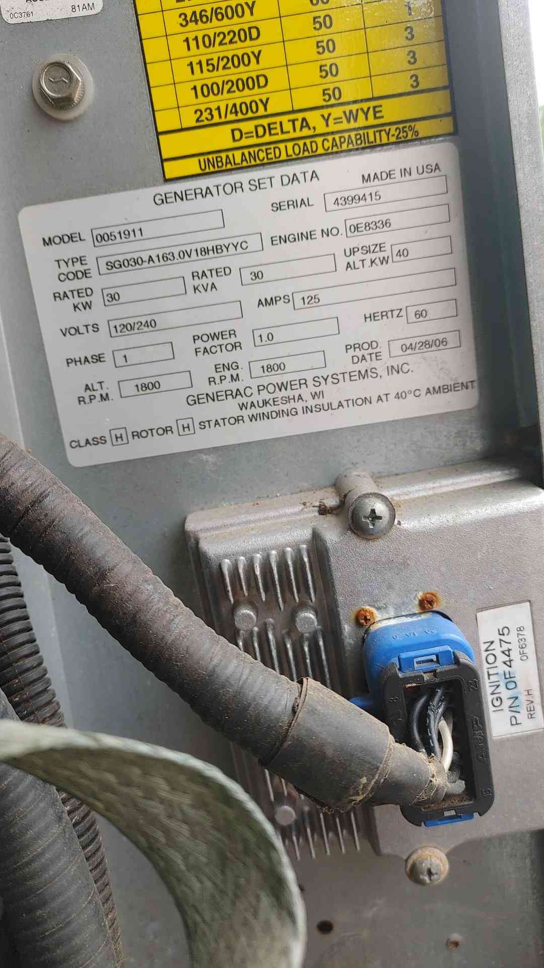 Generac SG030 30kW Natural Gas LP Generator 120/240V 1-PH 0051911 692 Hours