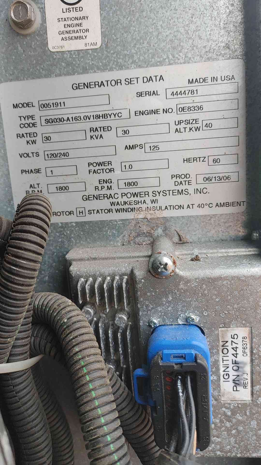 Generac 30KW 120/240V 1PH NG/LP Generator Model 0051911 653.6Hrs(SKU: 113562)