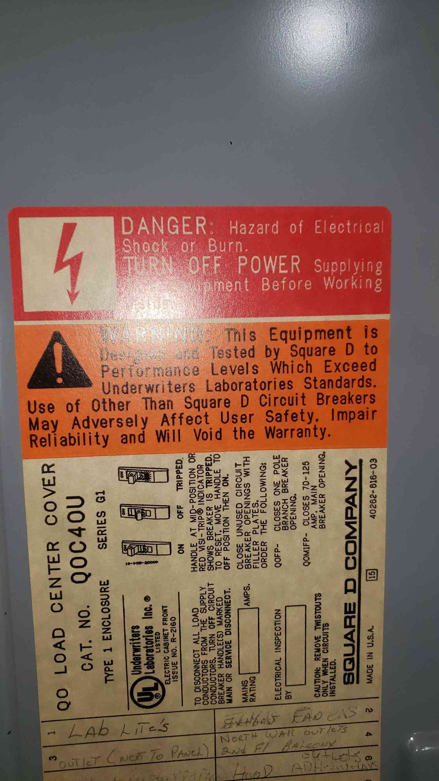 Square D QO 3 Phase Panelboard 200A Main Breaker 27x 20A 1-Pole 40A 2-Pole QOC40U