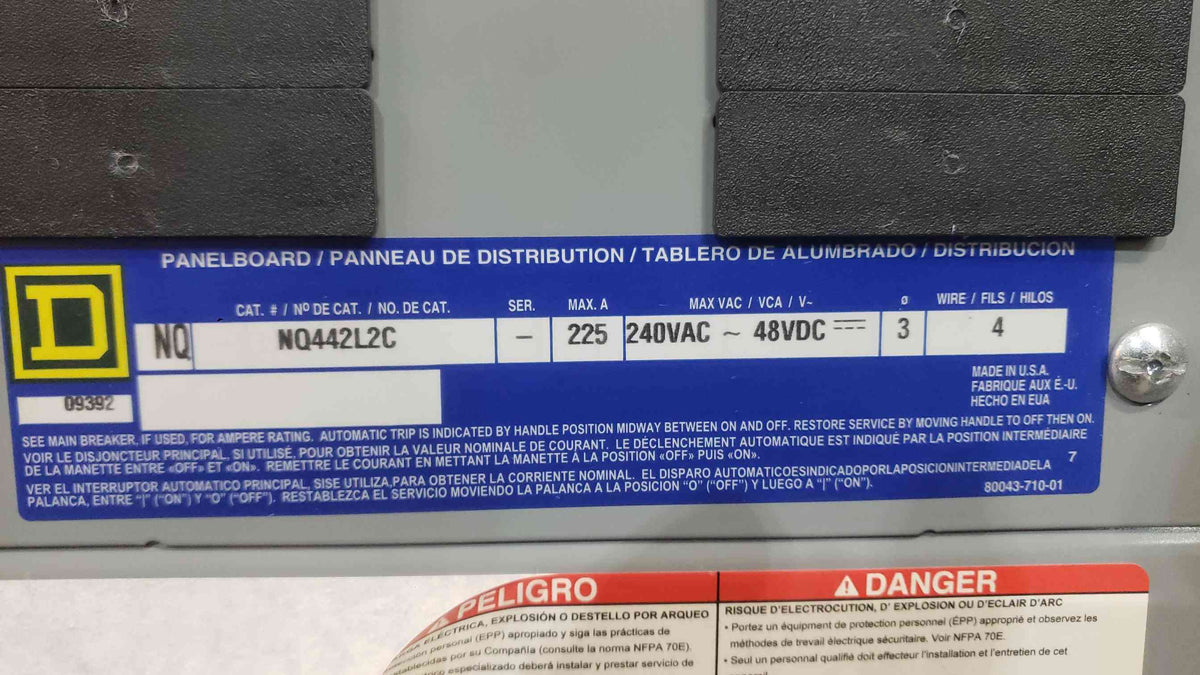 Square D NQ 3 Phase Panelboard 225A Max 200A Main 30A 15A 3-Pole QOB NQ442L2C 208V