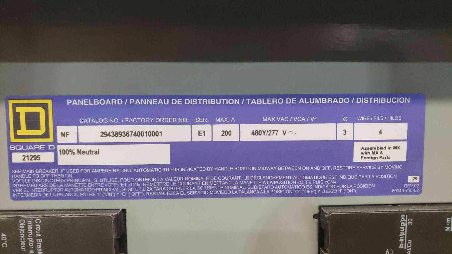 Square D NF 200A 480Y/277V 3 Phase Panelboard 200A Main EDB 90A 50A 30A 3-Pole Breaker