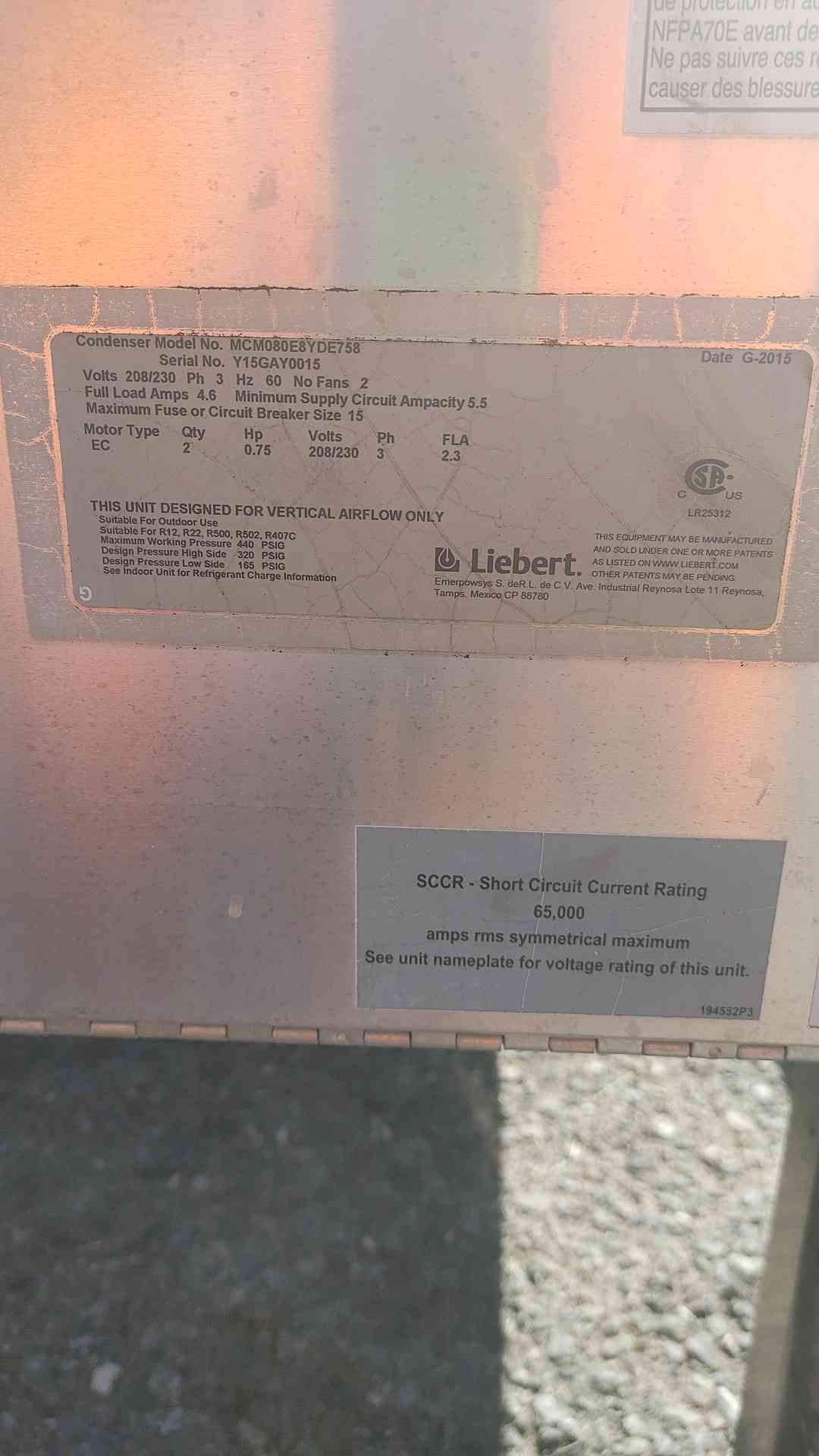 Liebert Vertiv MCM080 2-Fan Microchannel Outdoor Condenser 208/230V 3PH MCM080E8