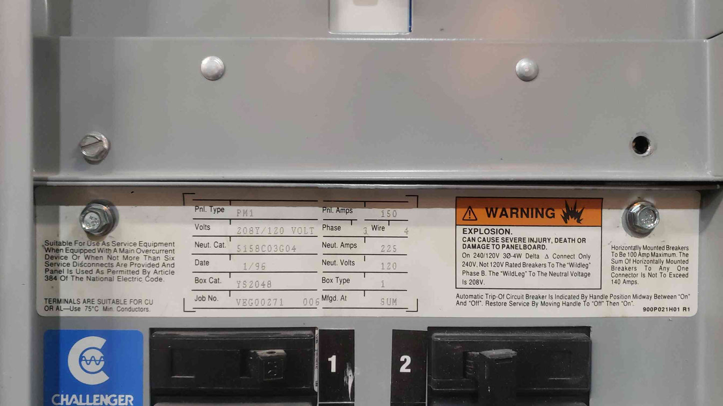 Challenger PowerMaster PM1 150A 208Y/120V 3 Phase Panelboard Loaded CH Breakers