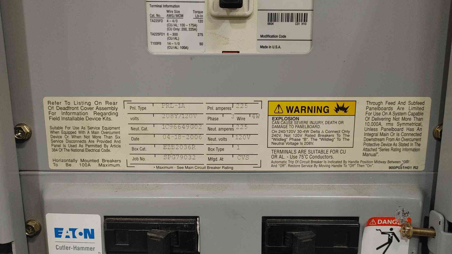 Eaton Cutler Hammer PRL1a 3 Phase Panelboard 125A Main ED3125 225A Max 2x 70A