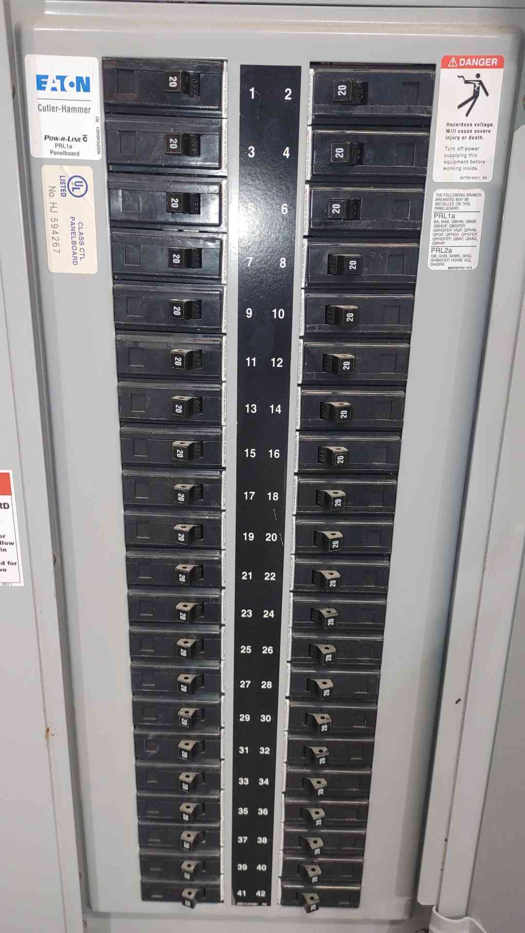 Eaton Cutler-Hammer PRL1a 225A 120/240V 1 Phase 42 Ckt Panelboard Loaded 20A Black