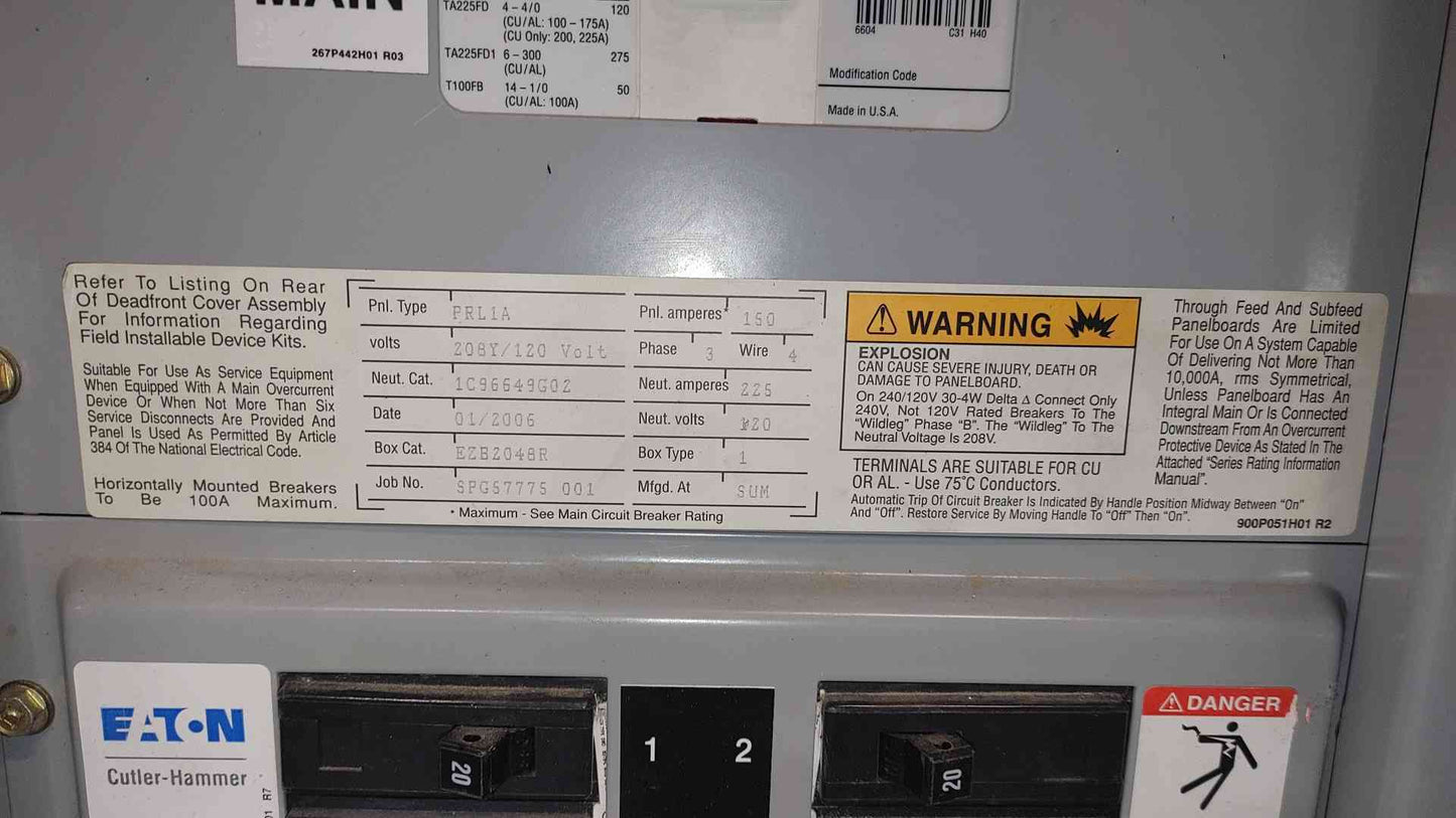 Eaton Cutler-Hammer PRL1A 150A Main 208Y/120V 3 Phase 42 Ckt Panelboard Pow-R-Line