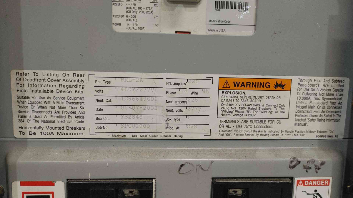 Cutler-Hammer PRL2A 225A Main 480Y/277V 3 Phase 42 Ckt Lighting Panelboard Loaded