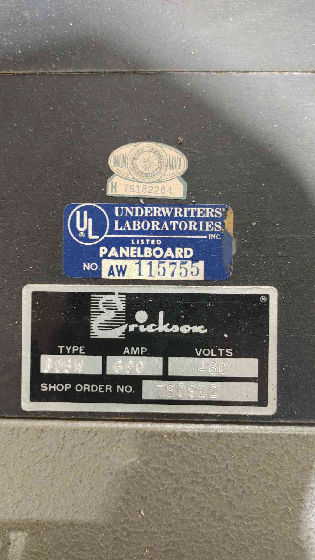 Erickson 480V 600A 3 Phase Panelboard Westinghouse Cutler-Hammer Breakers Panel