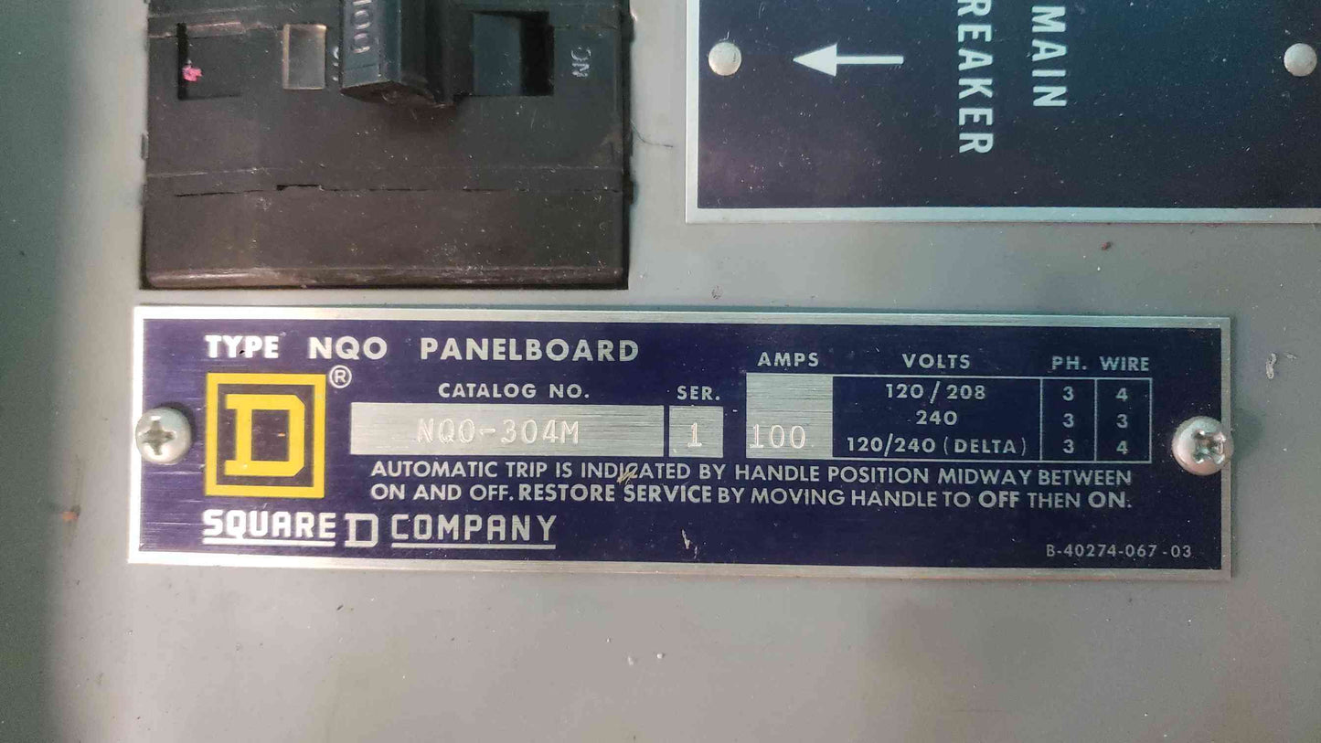 Square D NQO-304M Panelboard 100A 3 Phase Main Breaker Box Lot with QO Breakers