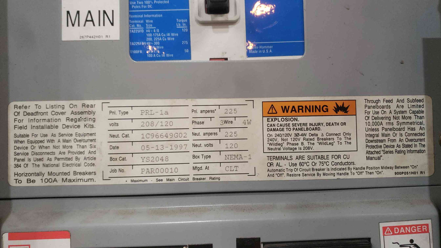 Eaton Cutler Hammer PRL1a 3 Phase Panelboard 125A Main ED3125W 42x 20A YS2048