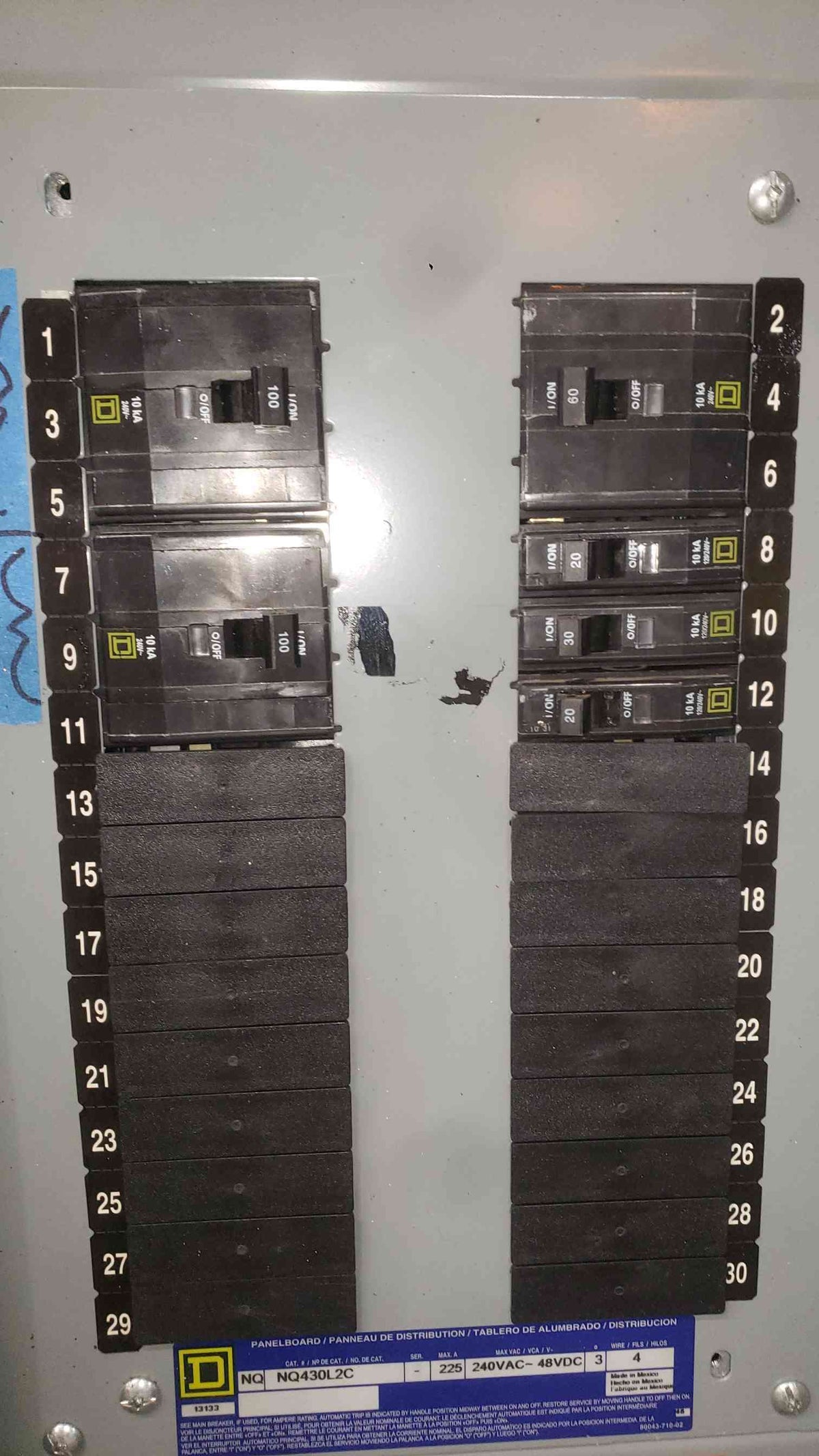 Square D NQ 3 Phase Panelboard 225A Max 200A Main 2x 100A 60A 3-Pole QOB NQ430L2C