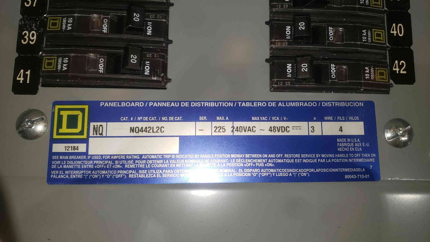 Square D NQ 225A 120/208V 3 Phase Panelboard 42x 20A QOB 1-Pole Breakers NQ442L2C